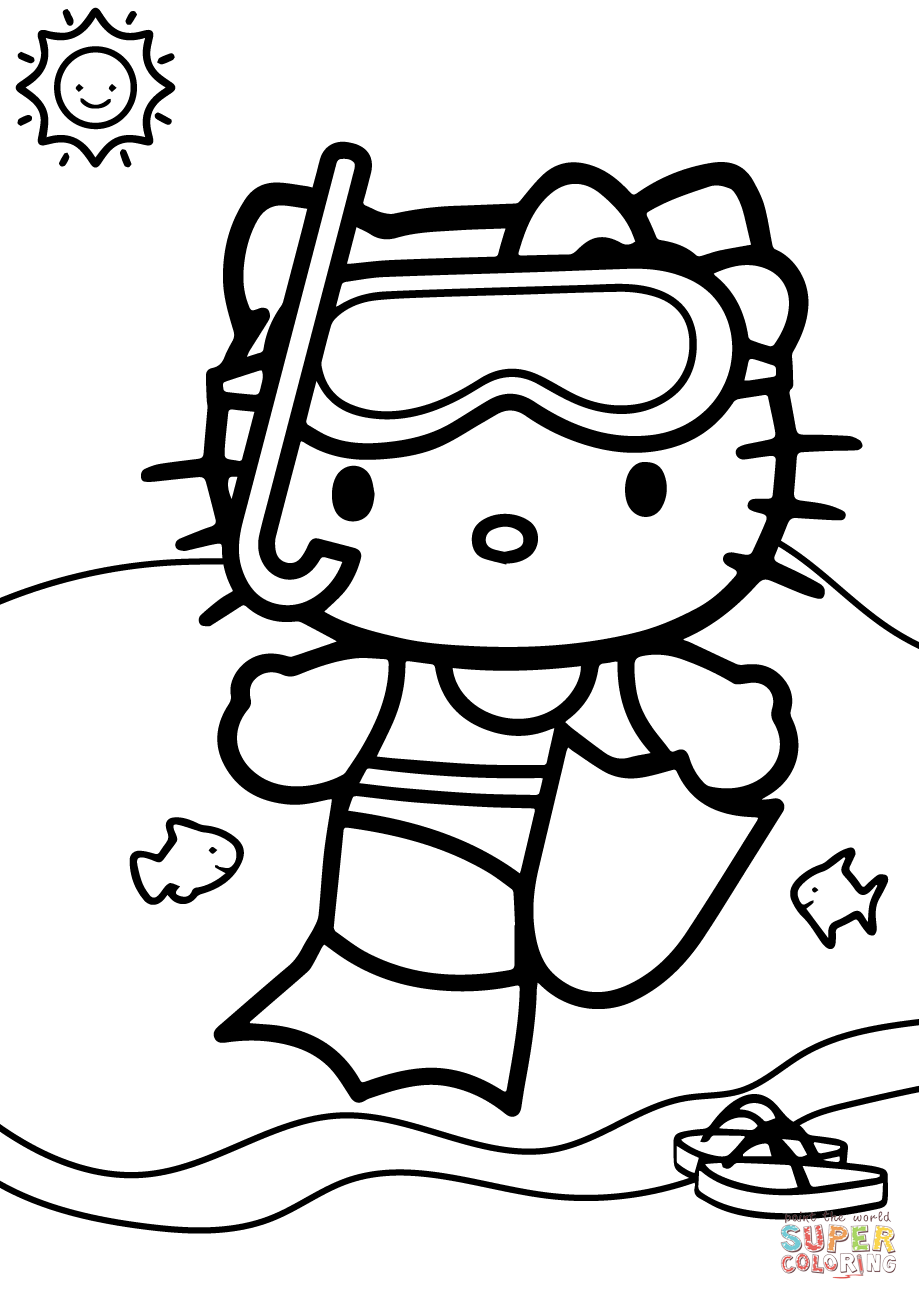 Hello Kitty Goes Swimming Coloring Page Free Printable