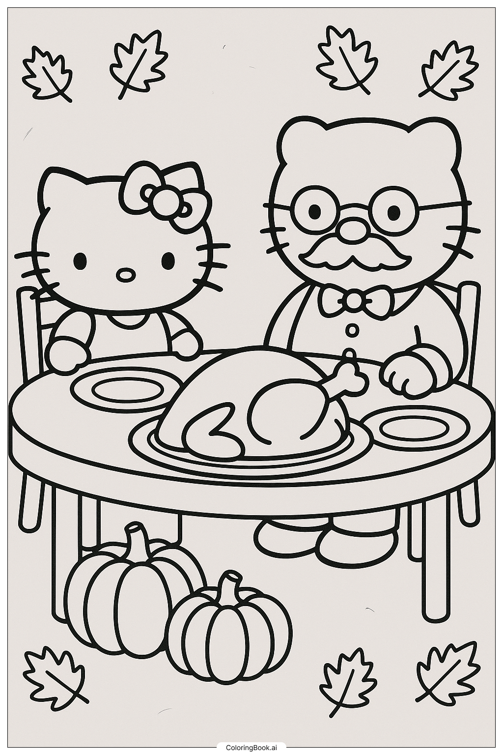 Hello Kitty Thanksgiving With Papa George Coloring Page Free PDF PNG Printable 