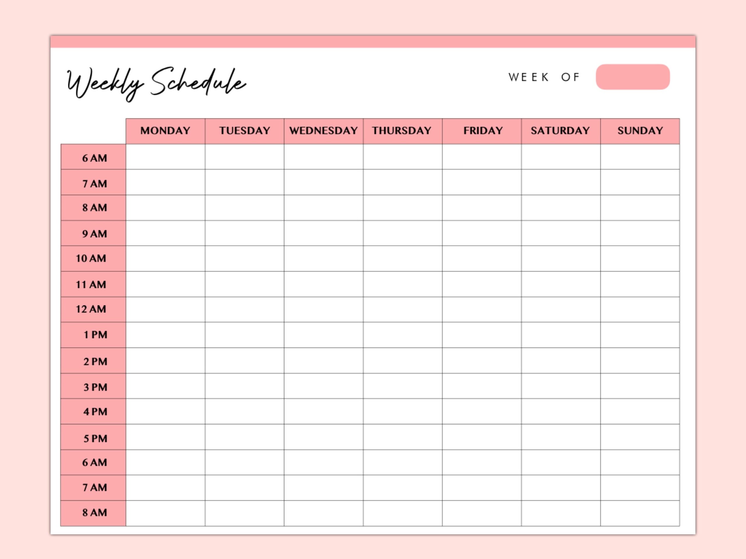 hourly weekly schedule template