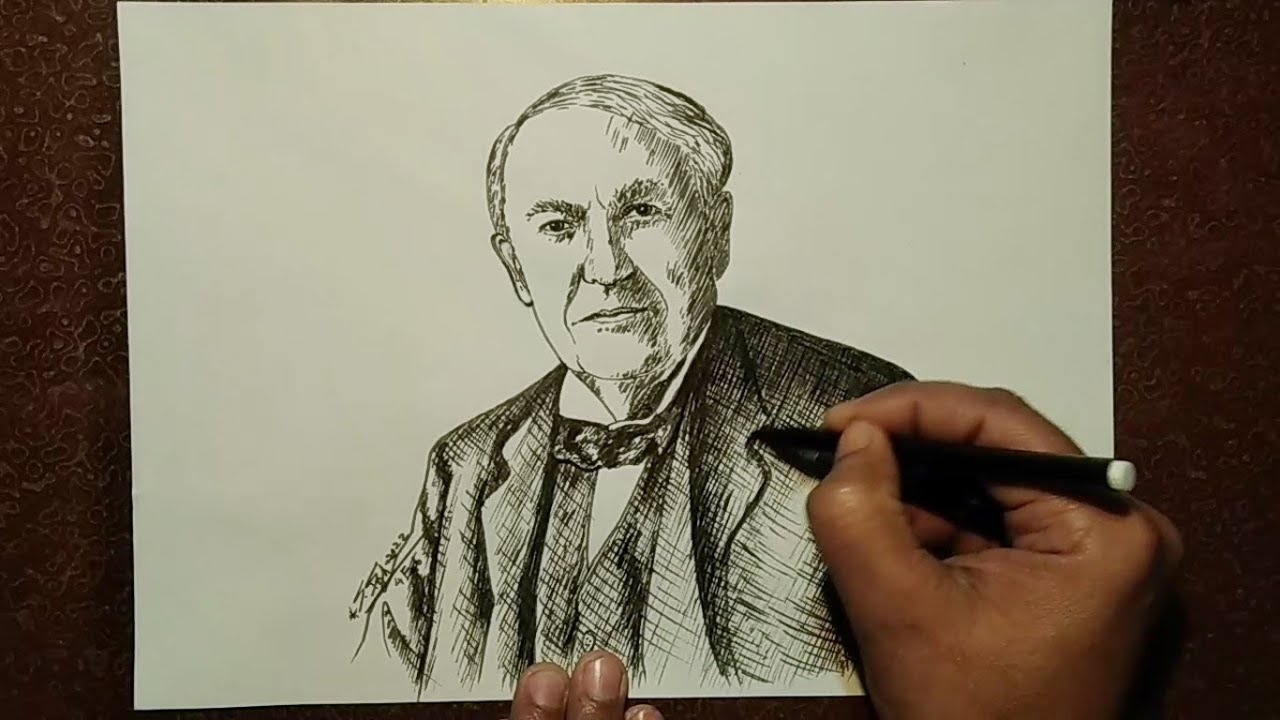 How To Draw Thomas Alva Edison Pen Sketch Step By Step For Beginners YouTube