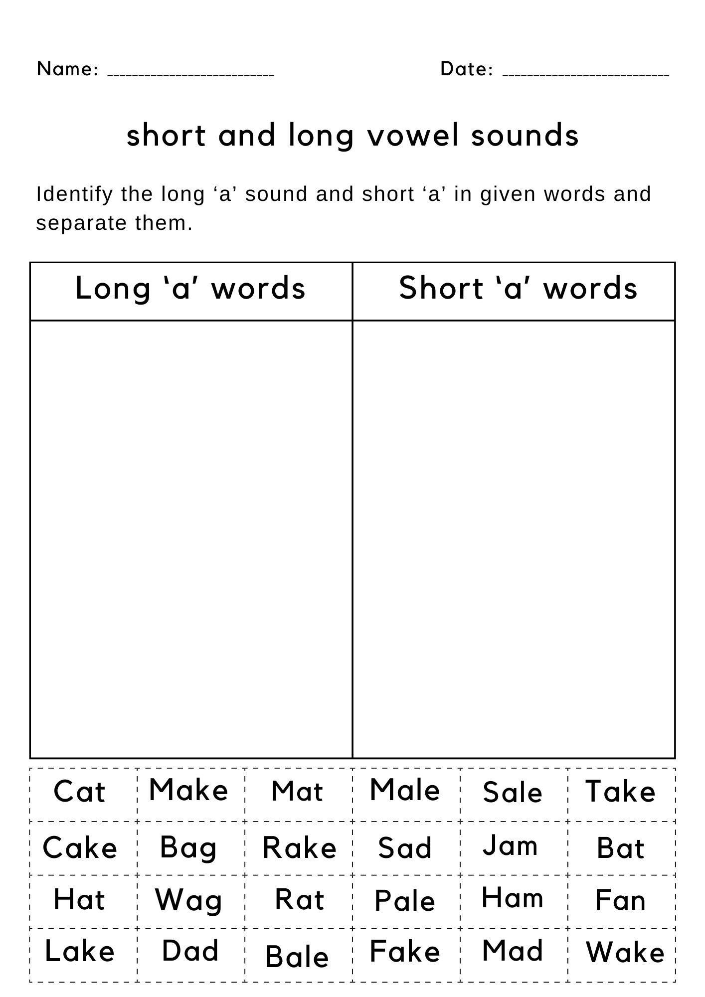 long a short a worksheets