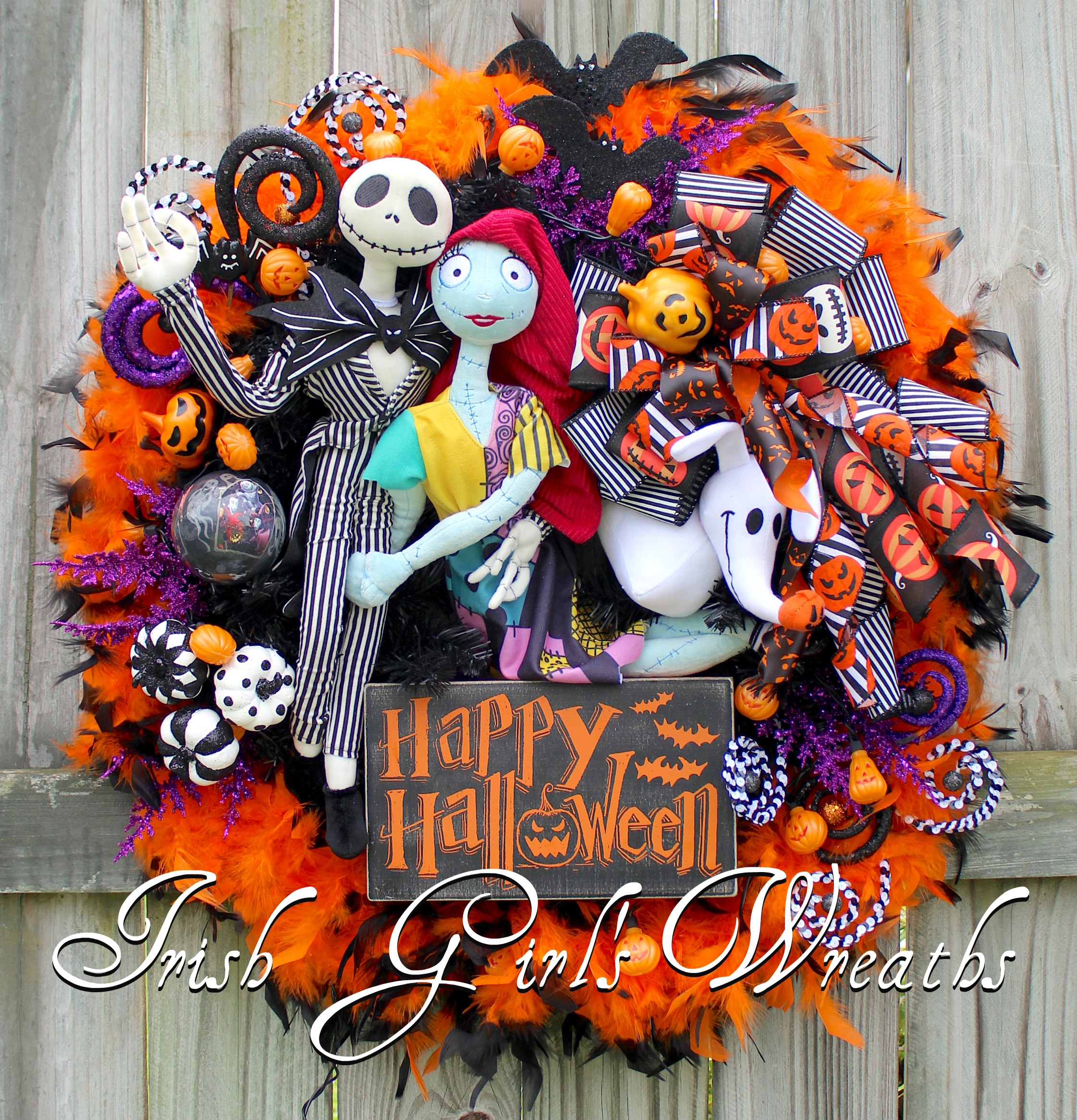 Irish Girl s Wreaths Top Quality Handmade Artisan Floral Wreaths For All Seasons Deluxe Nightmare Before Christmas Happy Halloween Wreath Pumpkin String Lights Large Pumpkin King Wreath Sally Jack Skellington Zero