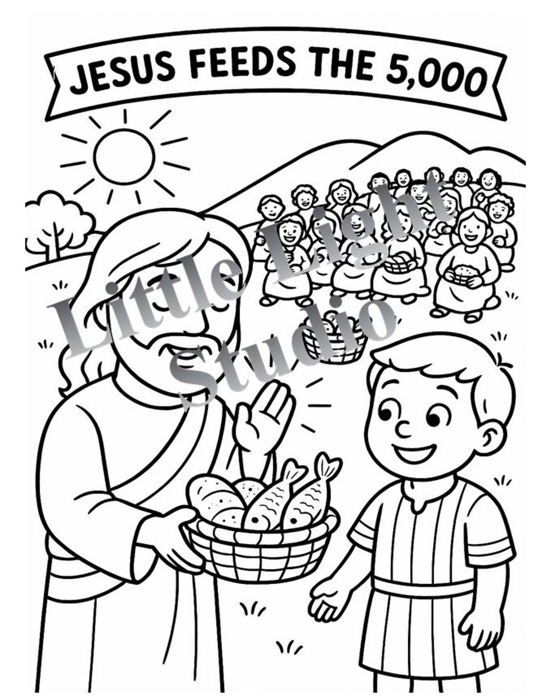 Jesus Feeds 5000 Coloring Page Sunday School Bible Printable PDF Download Etsy