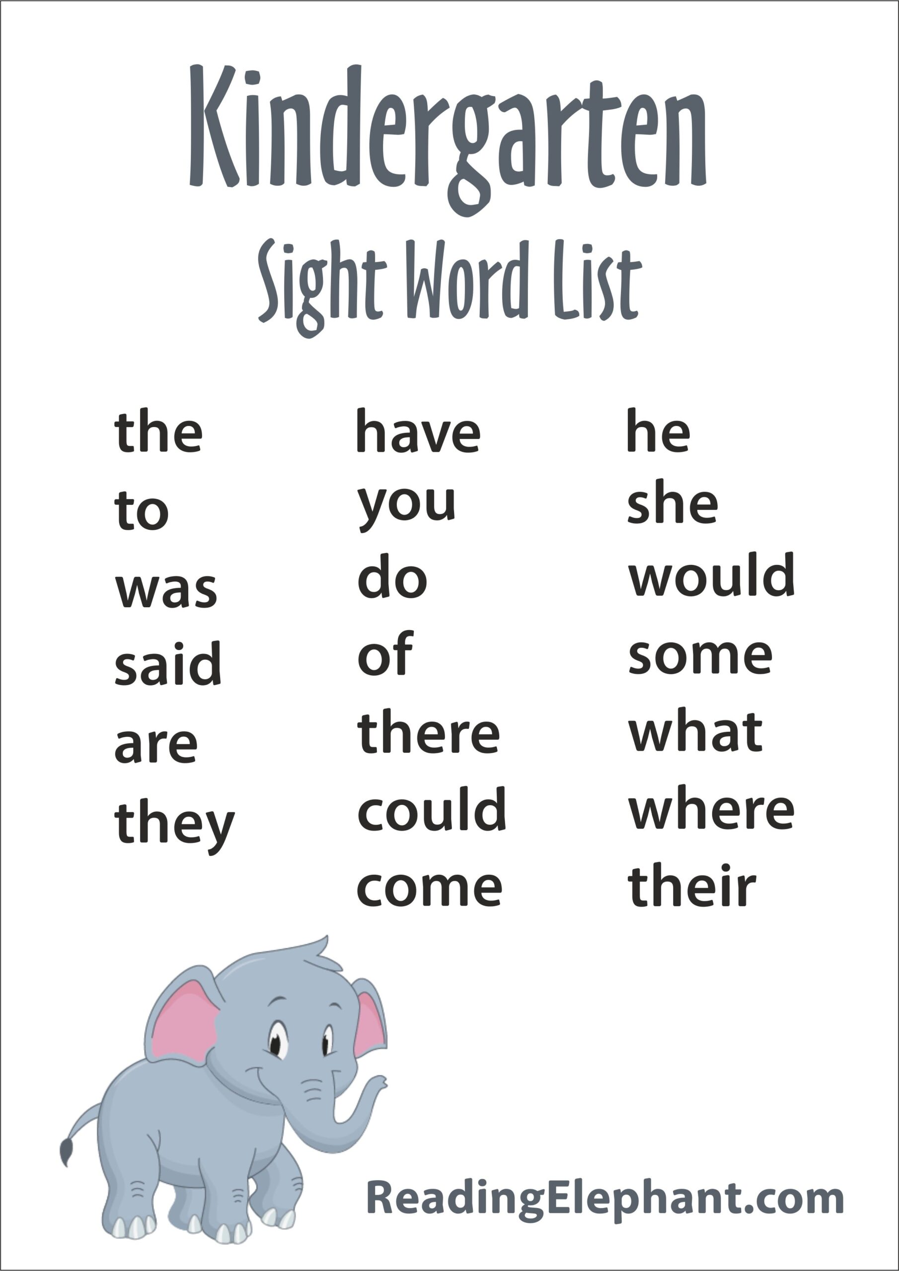 kindergarten sight word list printable