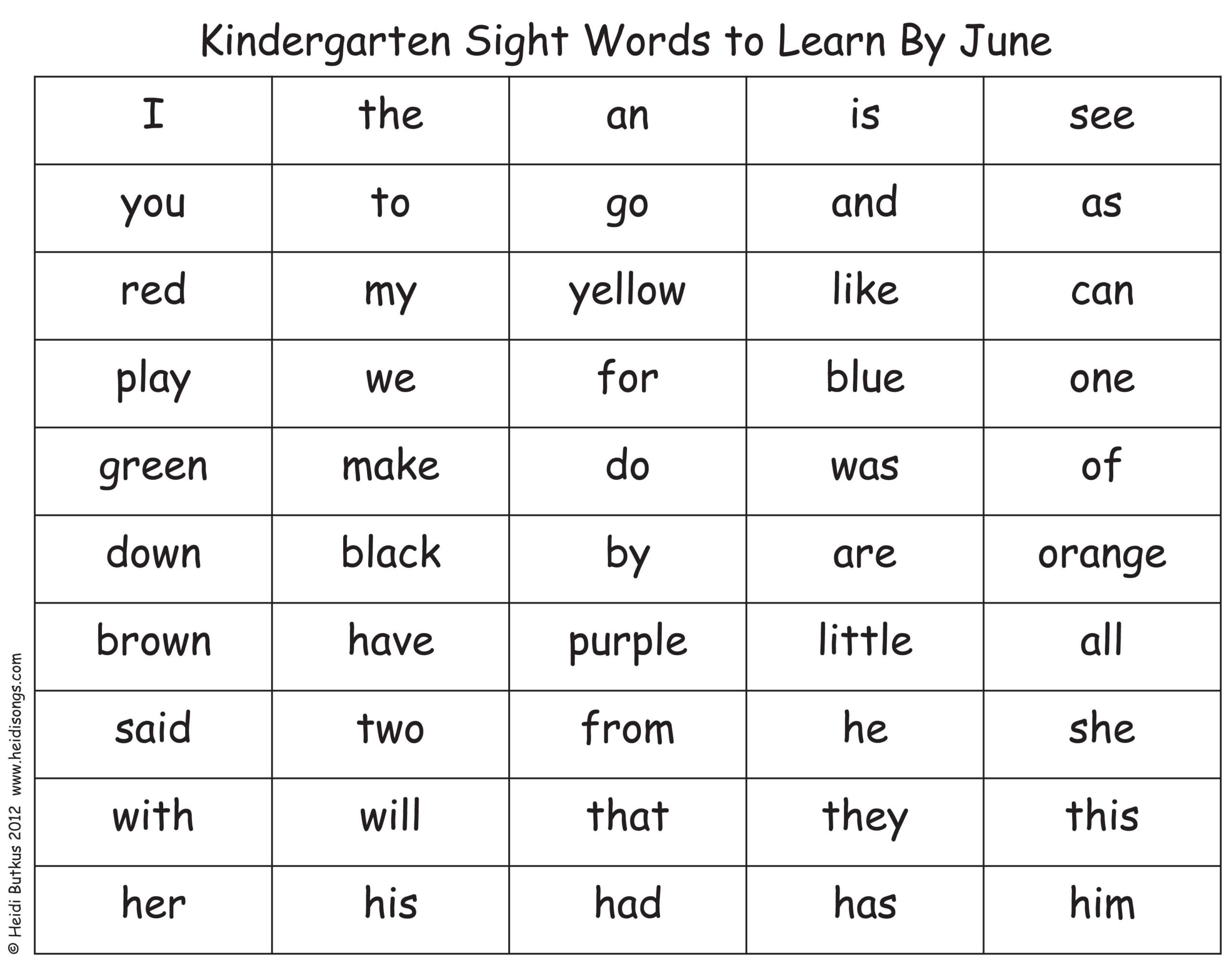 Kindergarten Sight Words List