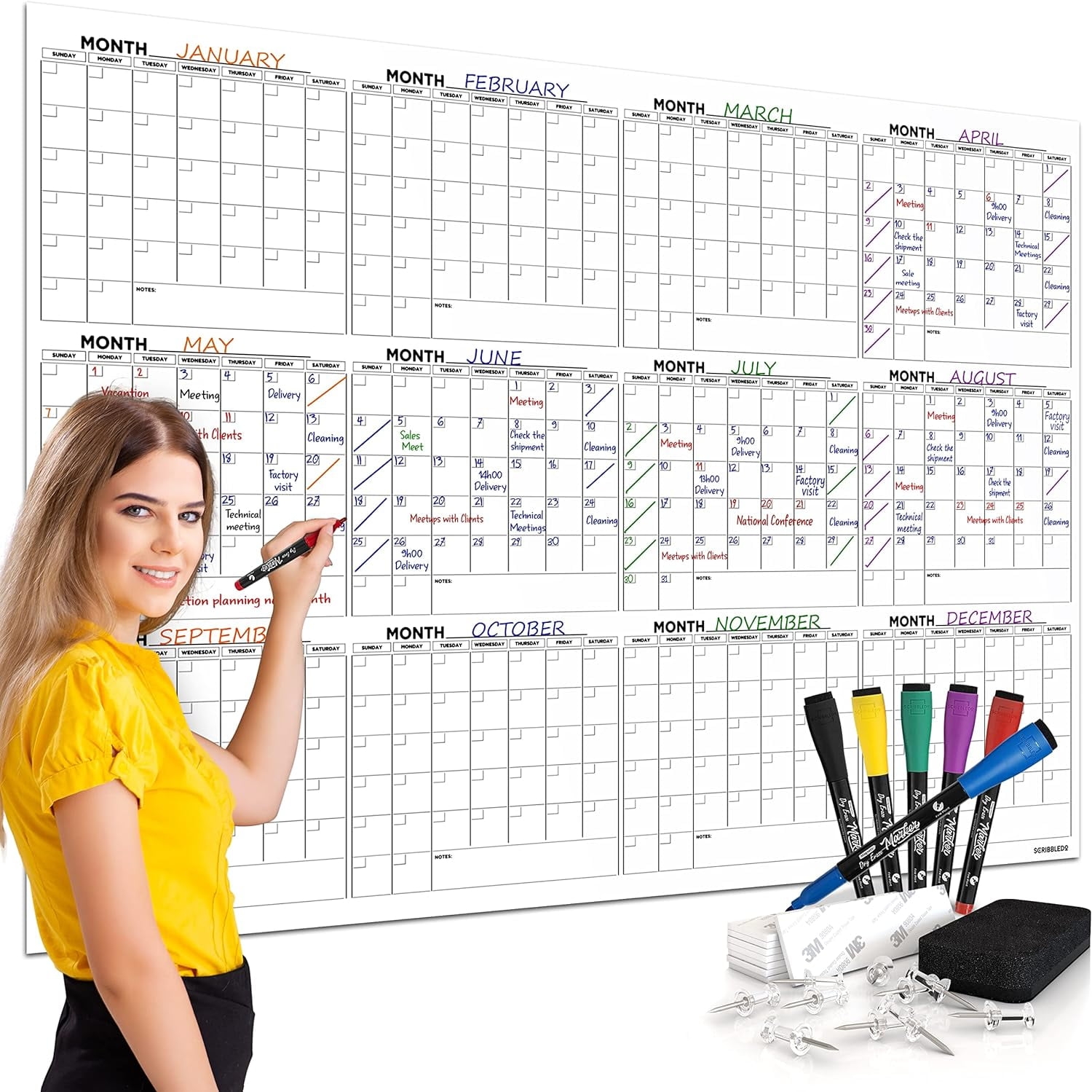 Large 36 x48 White Board Calendar Dry Erase Calendar For Wall 12 Month Planner Board Big Dry Erase Wall Calendar Monthly Large Wall Calendar Includes 6 Markers Eraser Push Pins Mounting Tape 