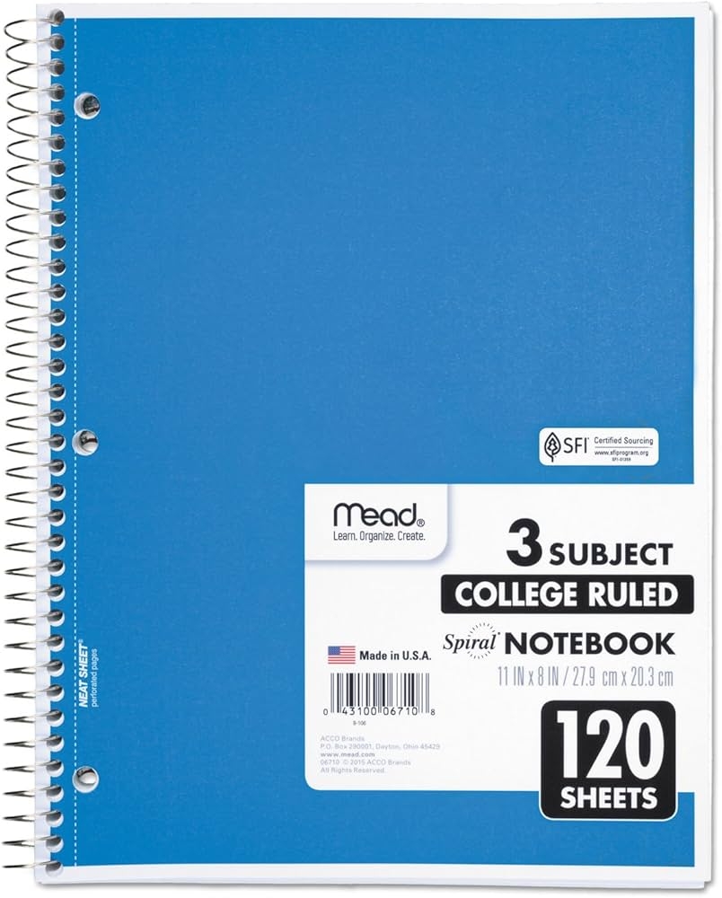 Mead 06710 Spiral Bound Notebook Perforated College Rule 11 X 8 White 120 Sheets Amazon Office Products