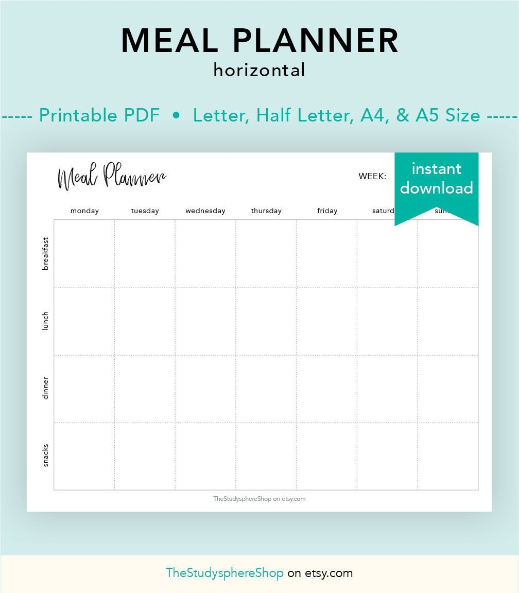 Meal Planner Horizontal Weekly Meal Tracker Food Log Snack Breakfast Lunch Dinner Meal Plan Food Calendar Letter half Letter a4 a5 Etsy