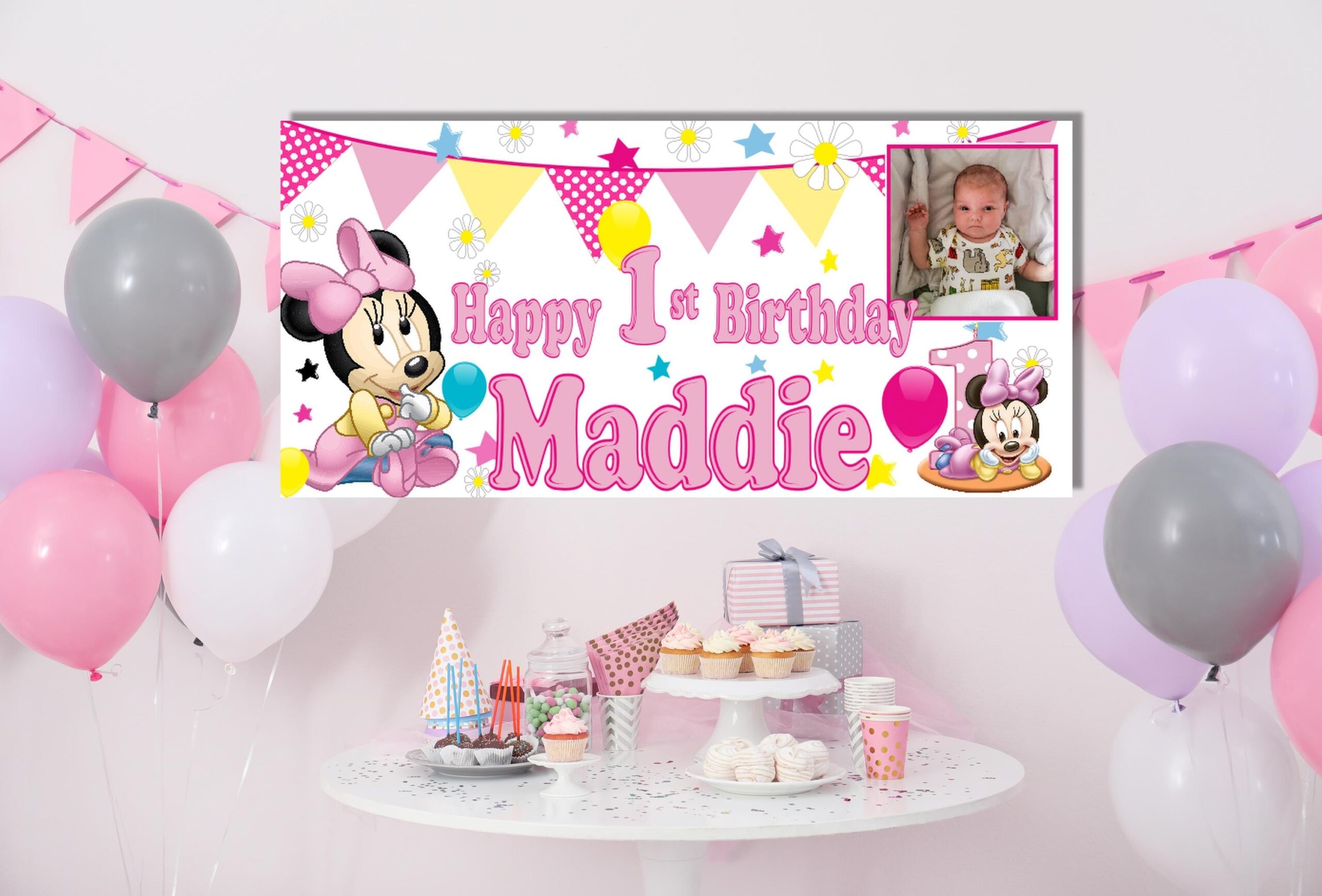Minnie Mouse Birthday Banner Personalised Pink 1st Birthday Backdrop For Girls With Name Photo Etsy New Zealand