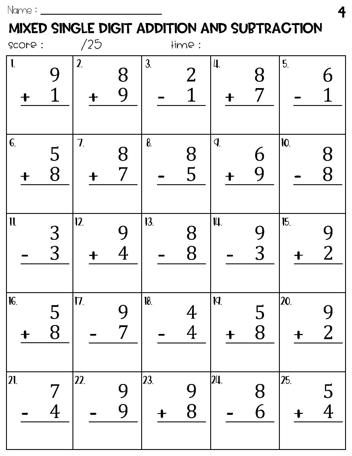 Mixed Single Digit Addition And Subtraction Worksheets Etsy