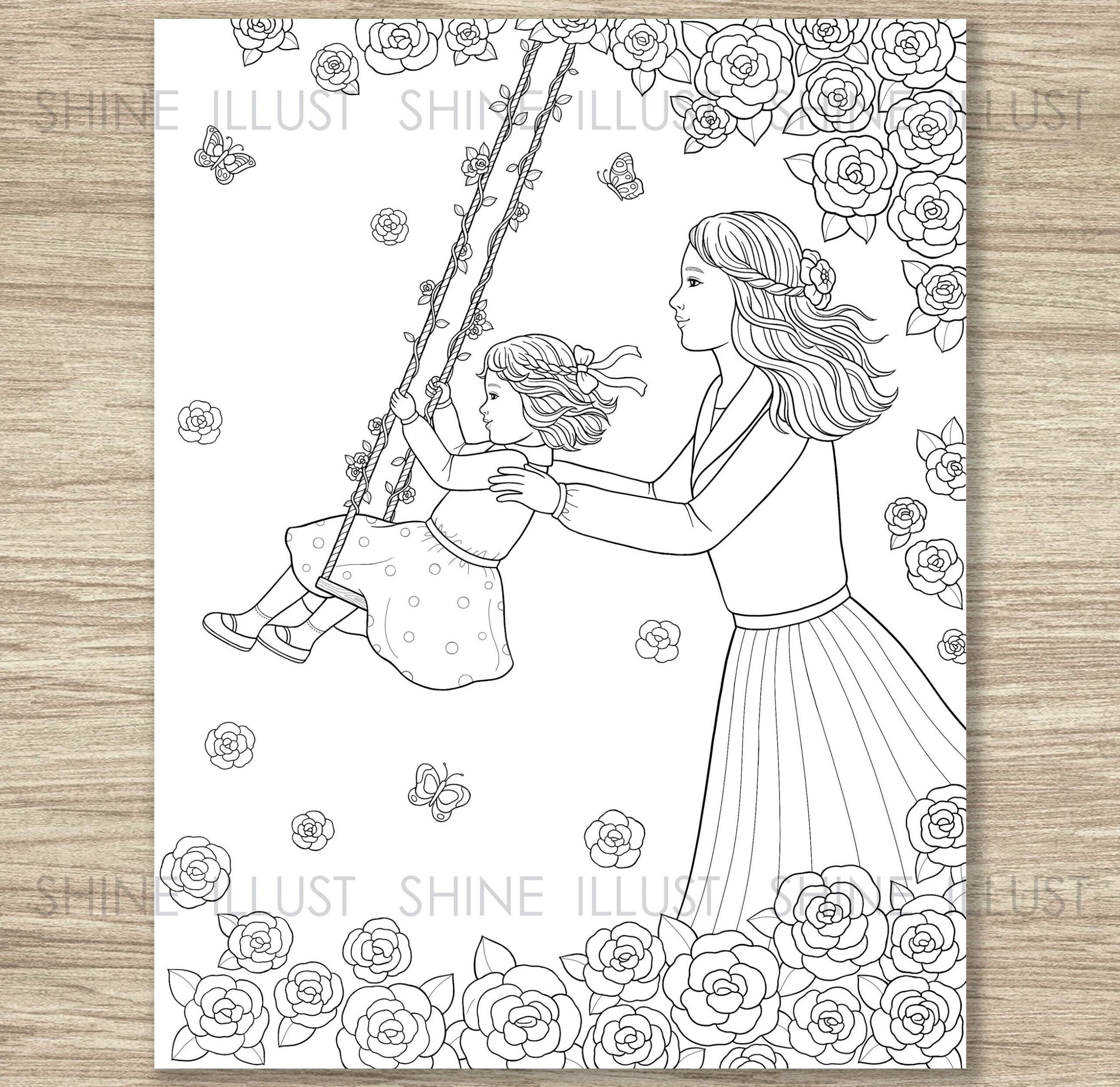 Mom And Daughter On Swing Coloring Page printable Etsy