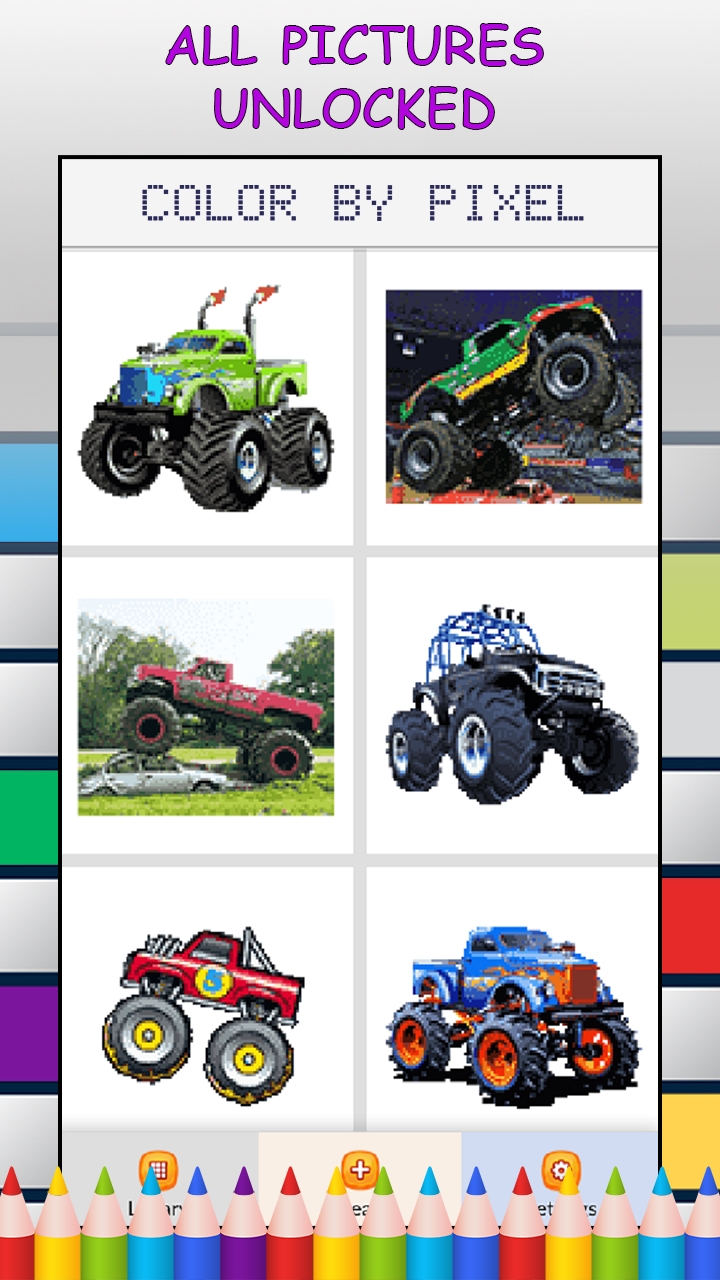 Monster Trucks Color By Number No Ads Pixel Art Game Coloring Book Pages Happy Creative amp Relaxing Paint amp Crayon Palette Zoom In amp Tap To Color 