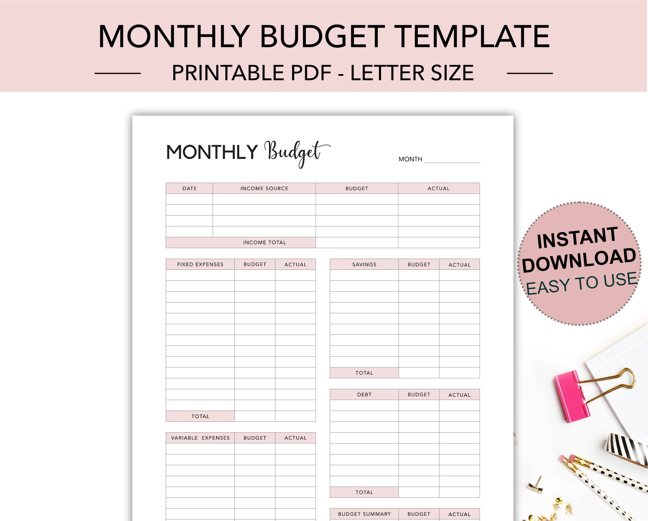 Monthly Budget Planner Printable Expense Tracker PDF Etsy