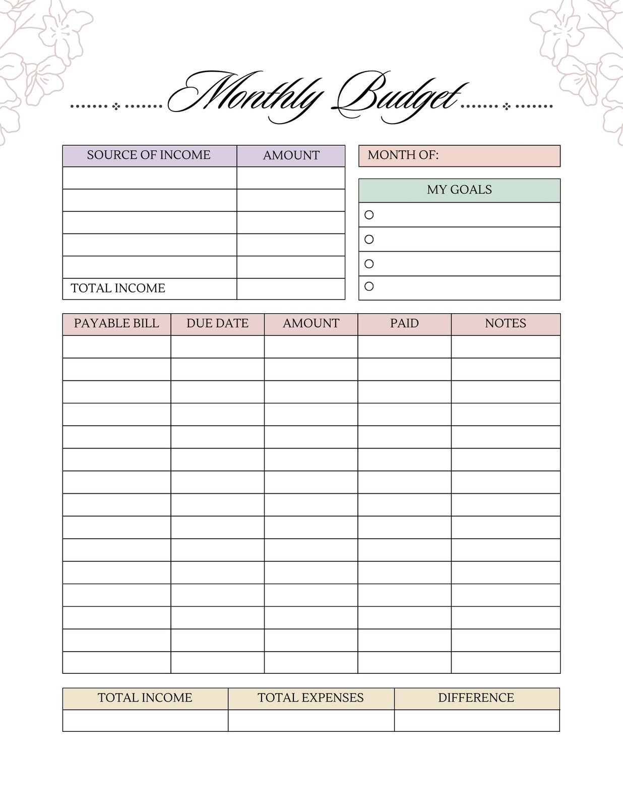 month to month budget planner