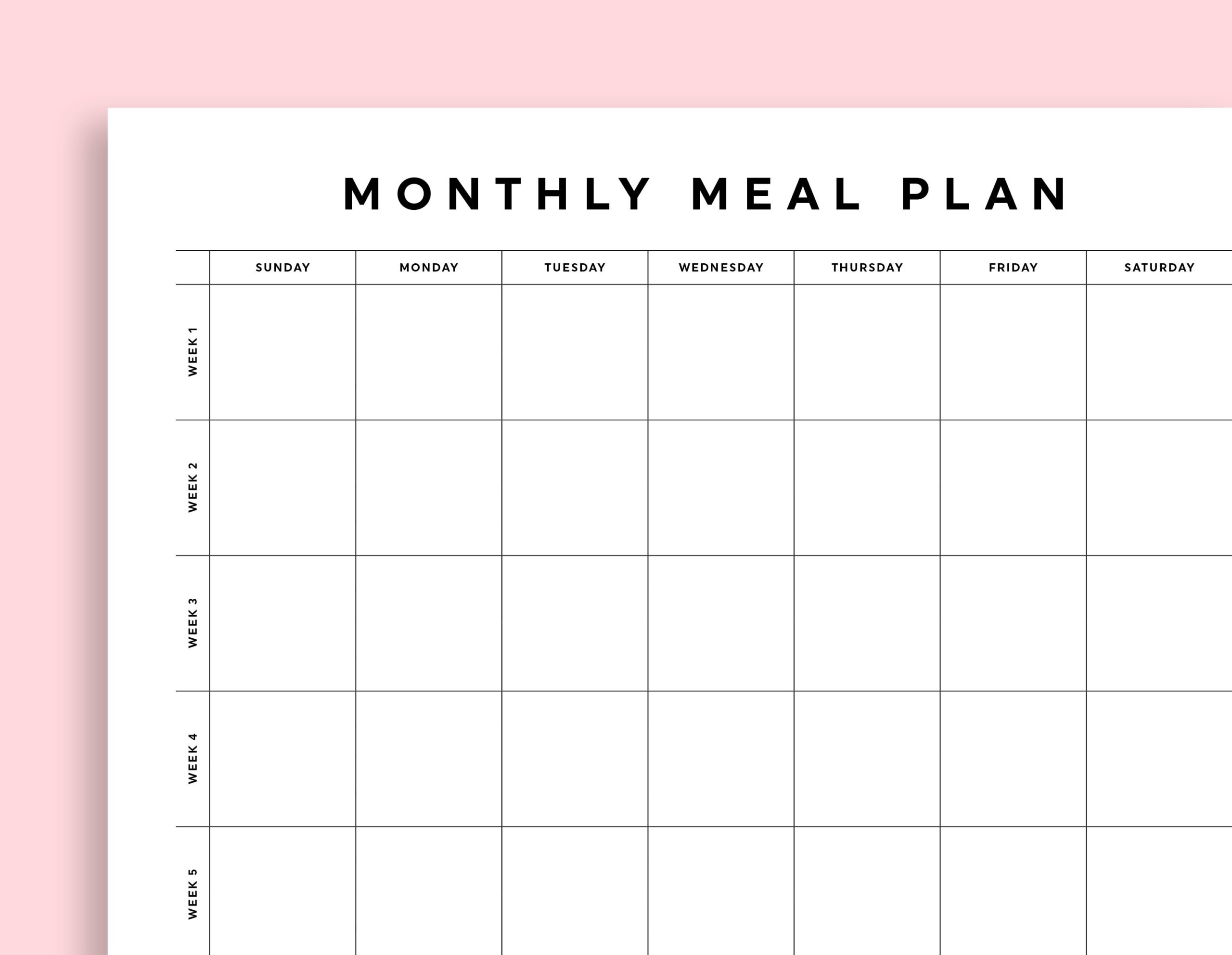 Monthly Meal Planner Meal Planner Printable Monthly Menu Planner Sunday monday Start Landscape Instant Download Etsy