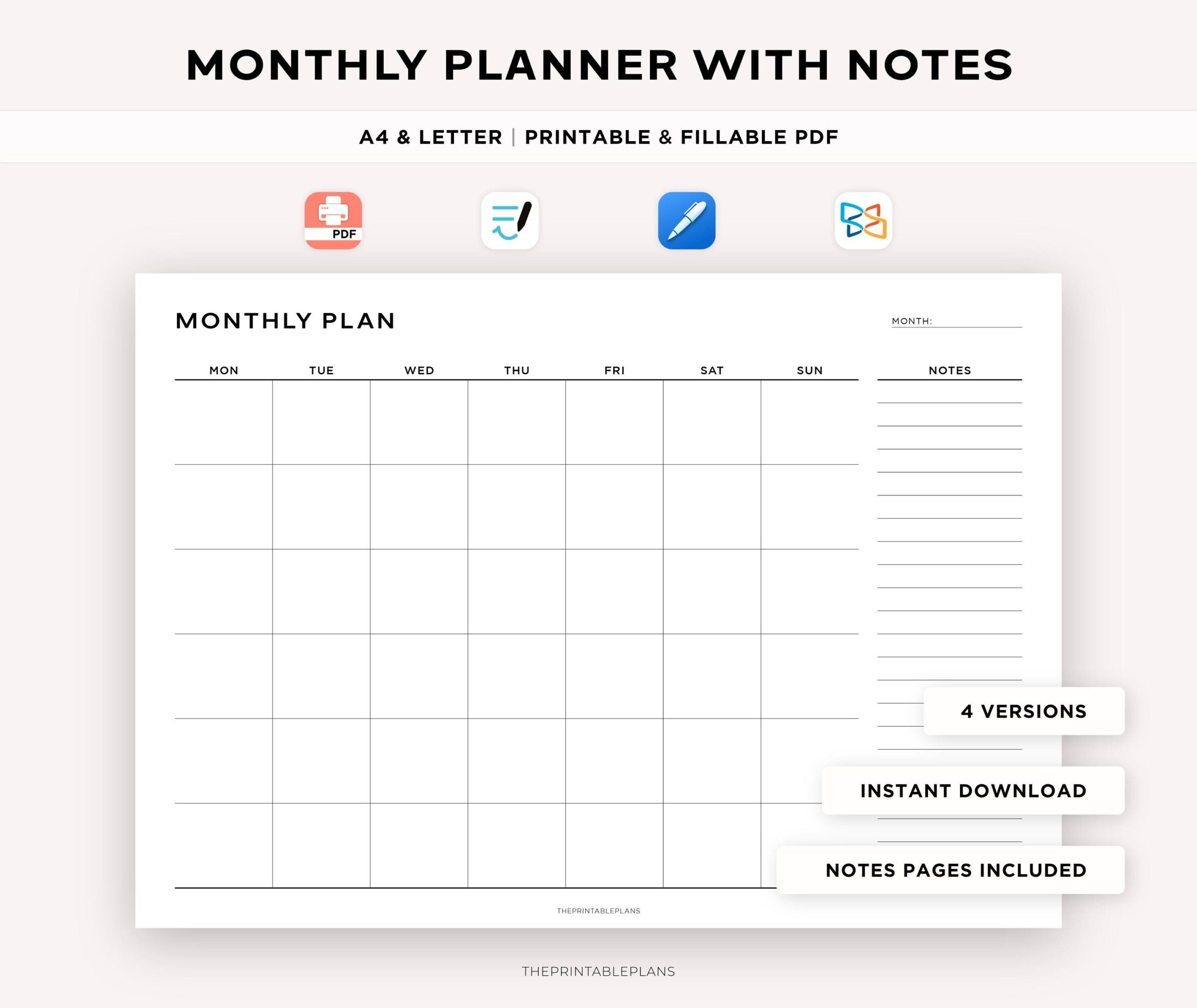 monthly planner with notes pages