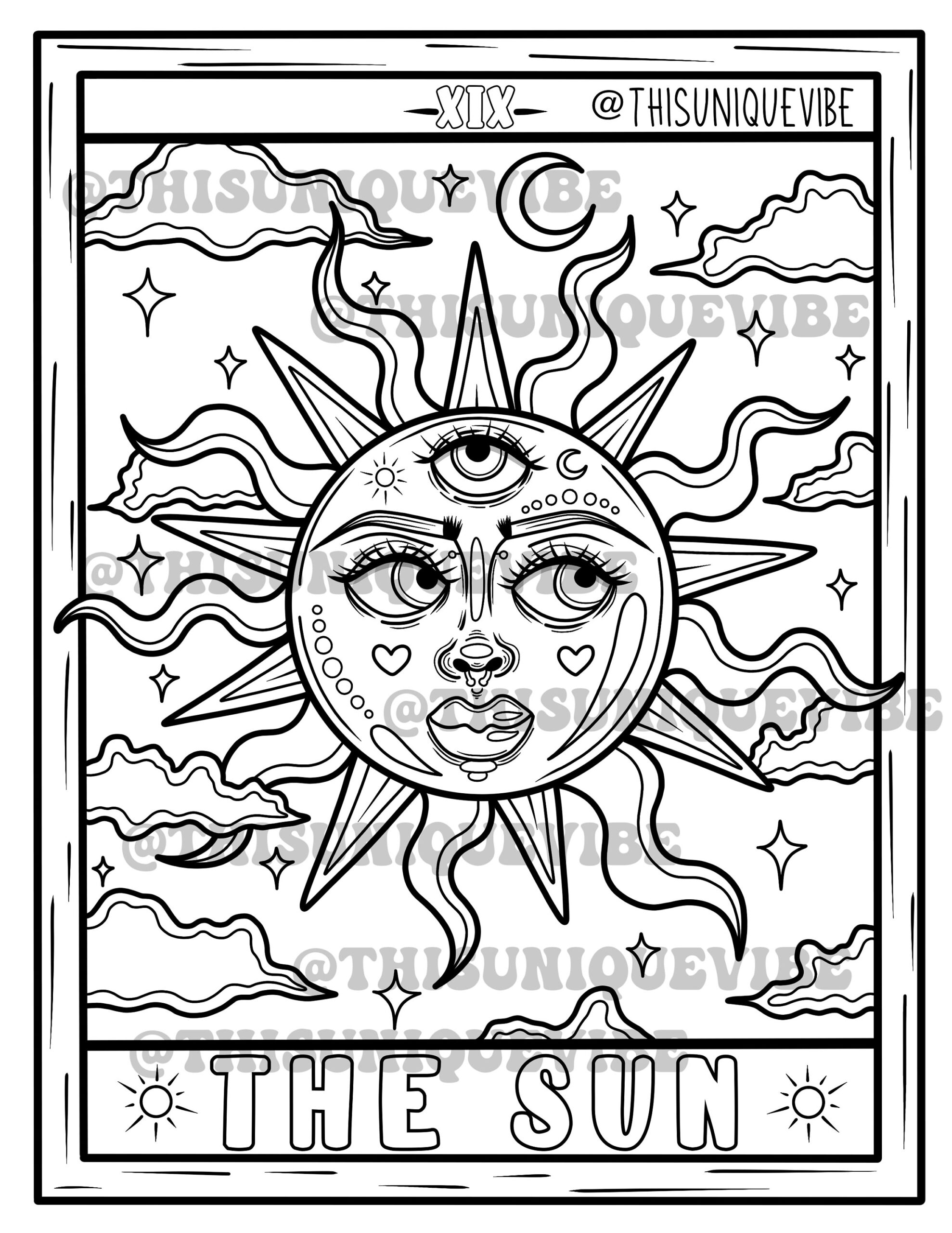Moon Coloring Trippy Sun And Moon The Sun Tarot Coloring Page printable Adult Coloring Page