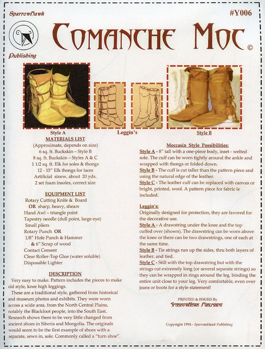 Native American Comanche Indian Moccasin In 3 Styles SparrowHawk Sewing Pattern Y006