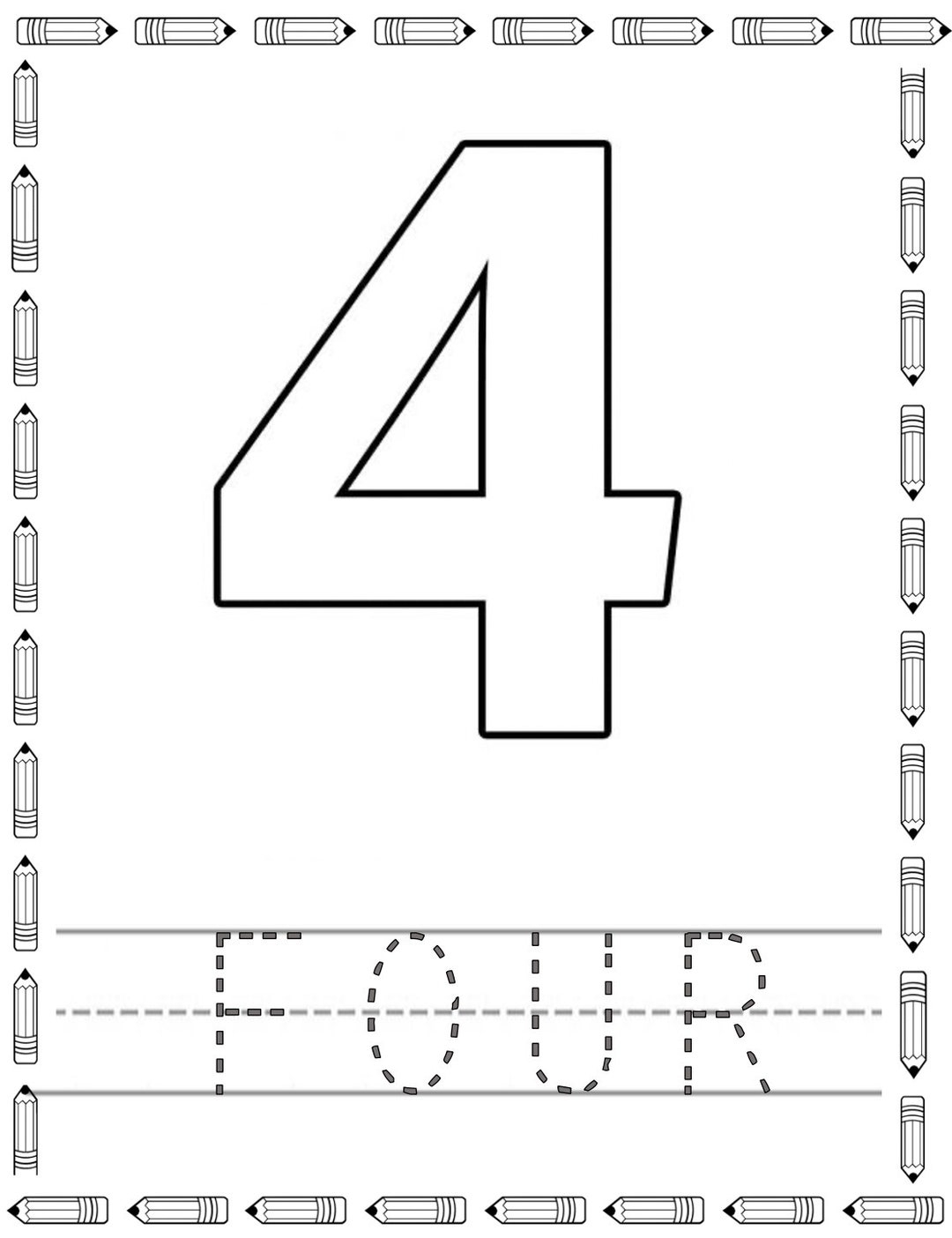Number 4 Recognition And Tracing Worksheet Pencil Etsy