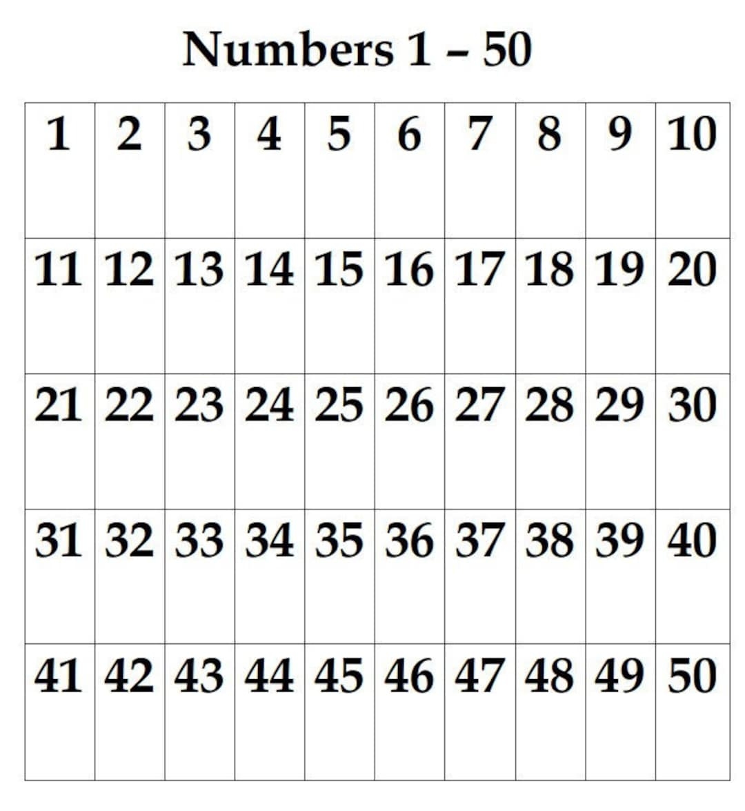 Numbers 1 50 Chart Numbers And Counting Instant Download Etsy