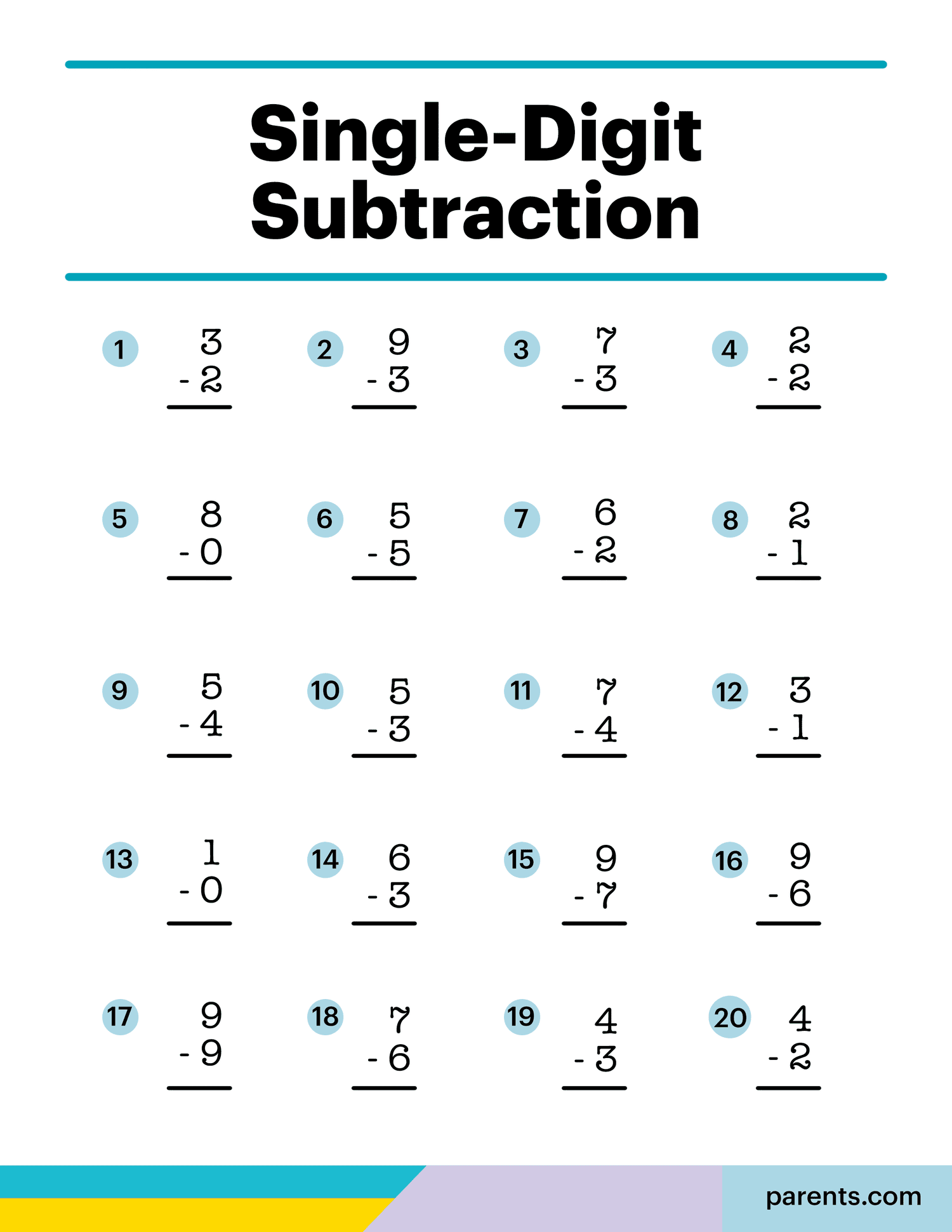 one digit subtraction worksheets