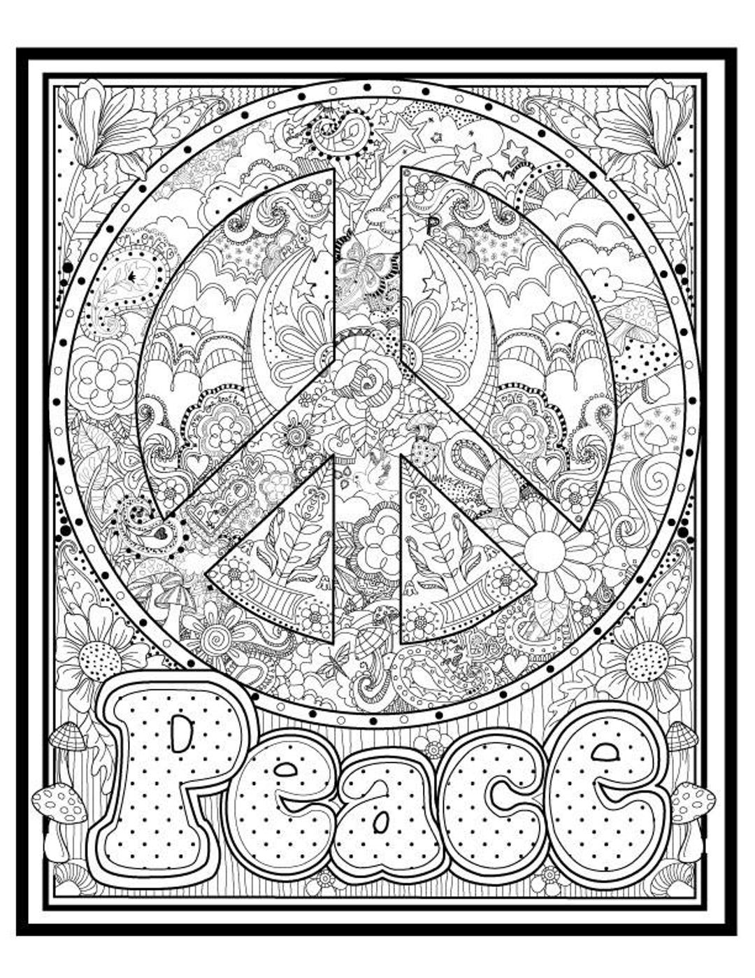 Peace Sign Illustrated To Color 8 5x11 Downloadable Print To Color Fun Design To Color For All Ages Etsy