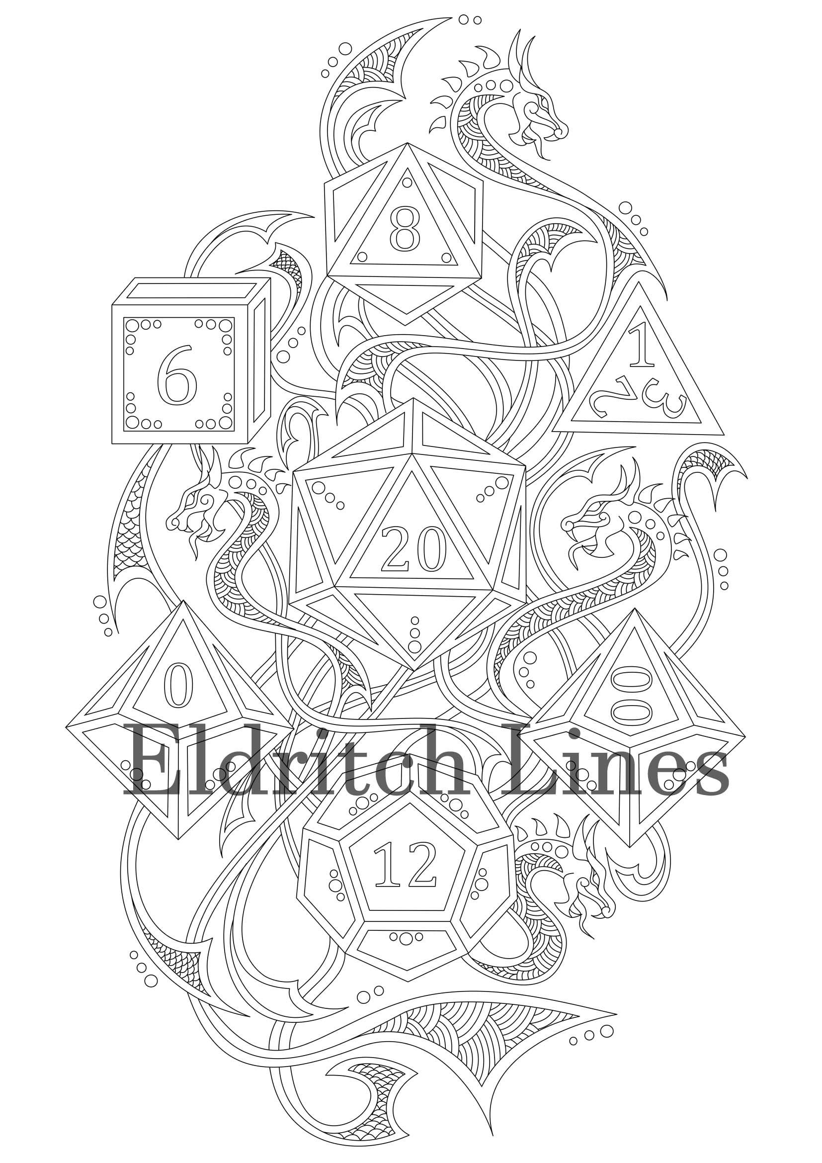 Polyhedral Dnd Dice Set Printable Adult Coloring Page Lineart Pyrography Pattern DIGITAL DOWNLOAD PDF File Etsy