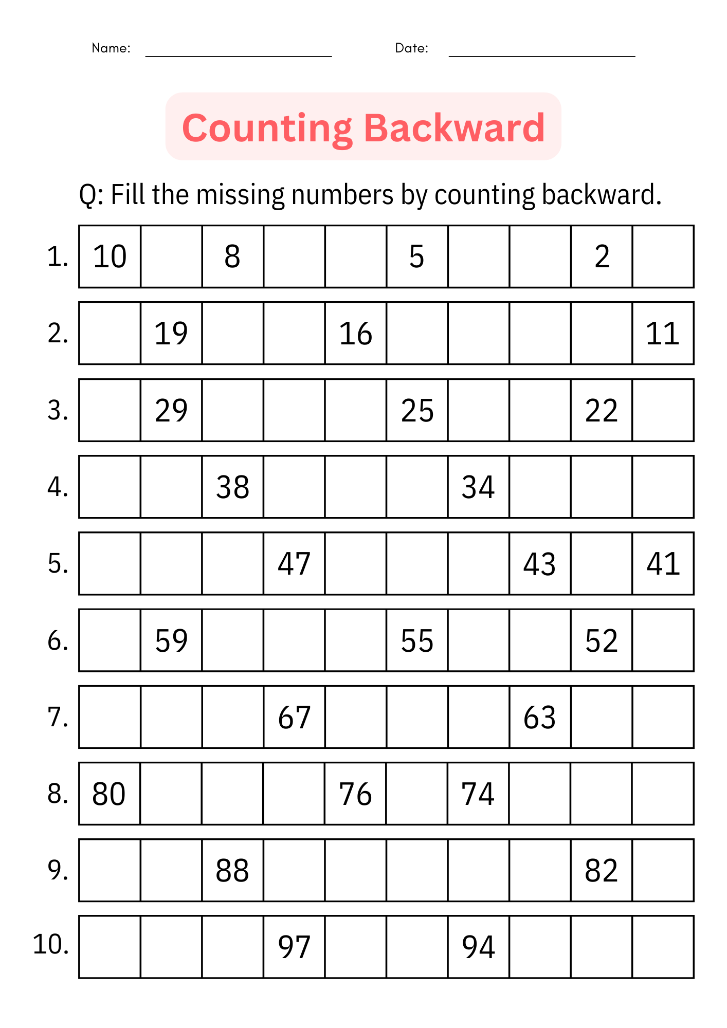 Printable Counting Backward 1 To 500 Number Math Worksheet For Grade 1 2 3 Teaching Resources