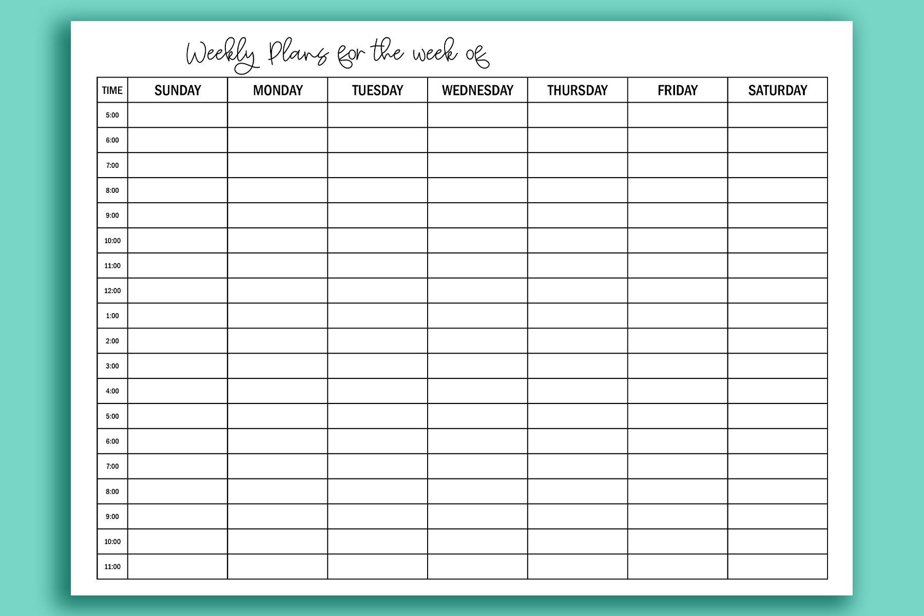 weekly calendar with hours