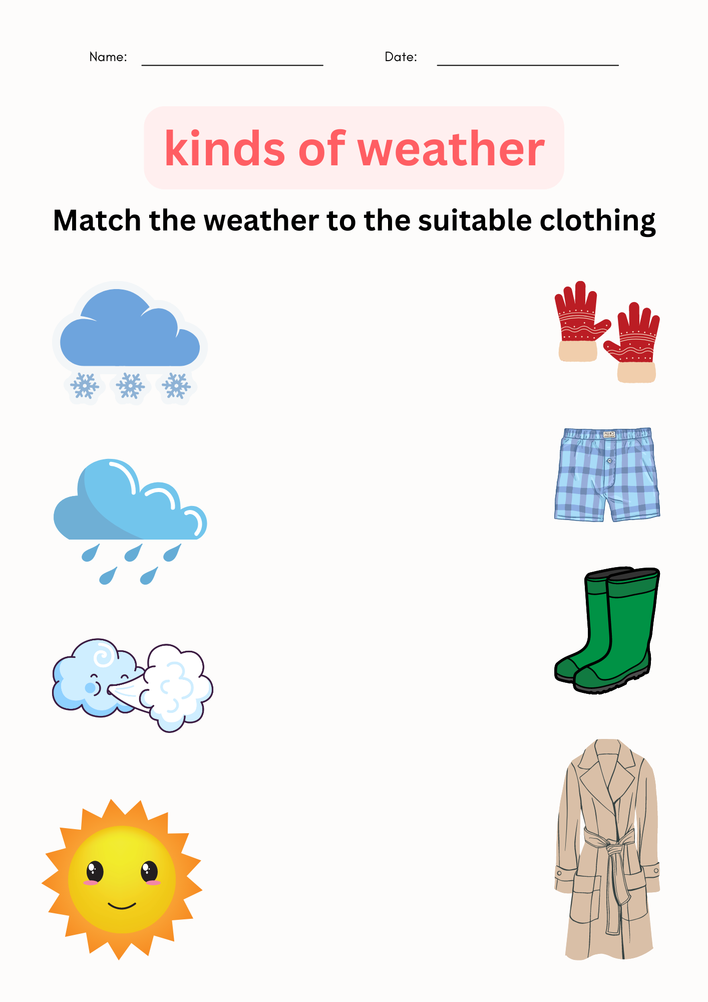 Printable Matching And Tracing Kinds Of Weather Worksheet For Grade 1 Made By Teachers