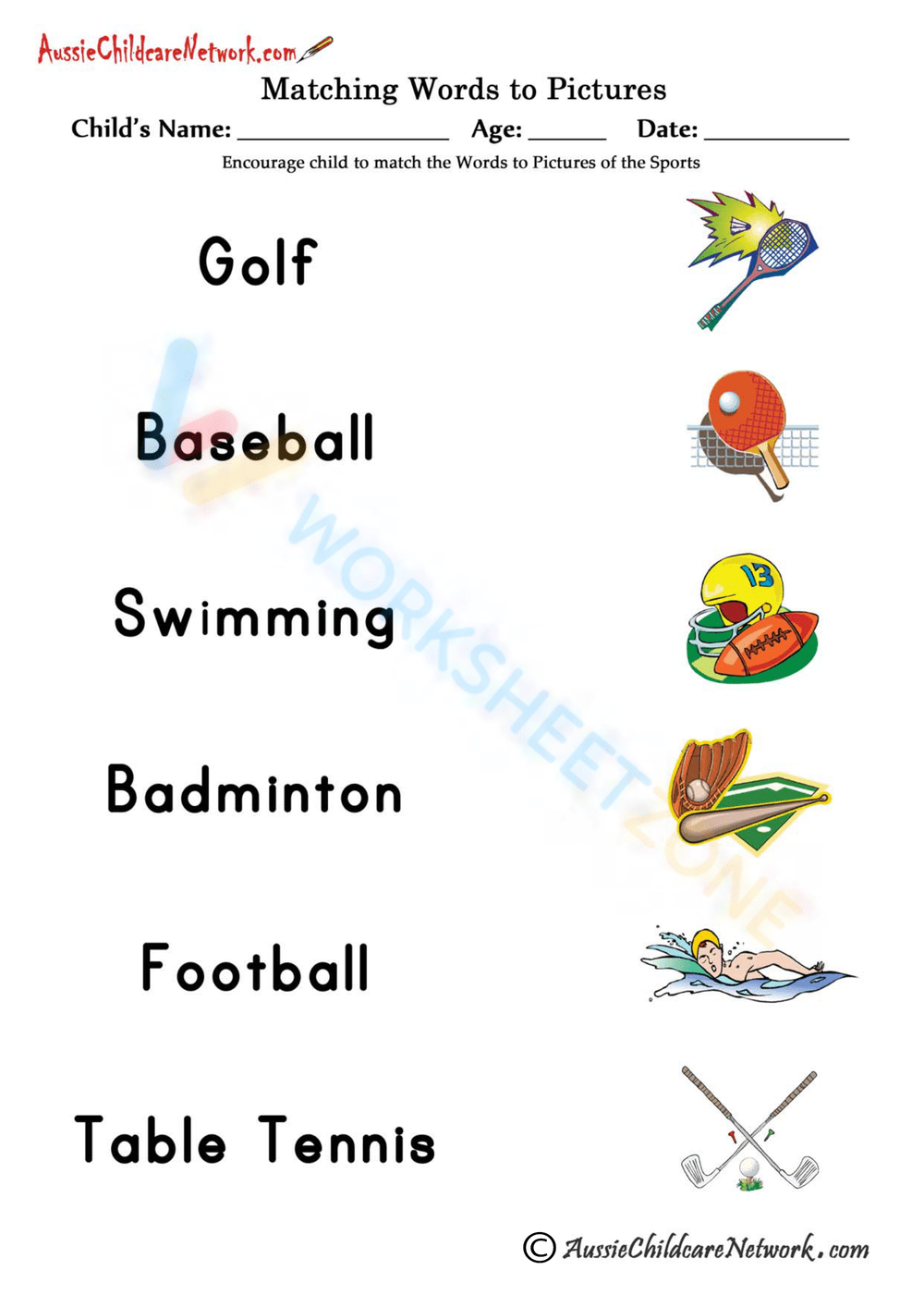 Printable Picture Word Matching Worksheets