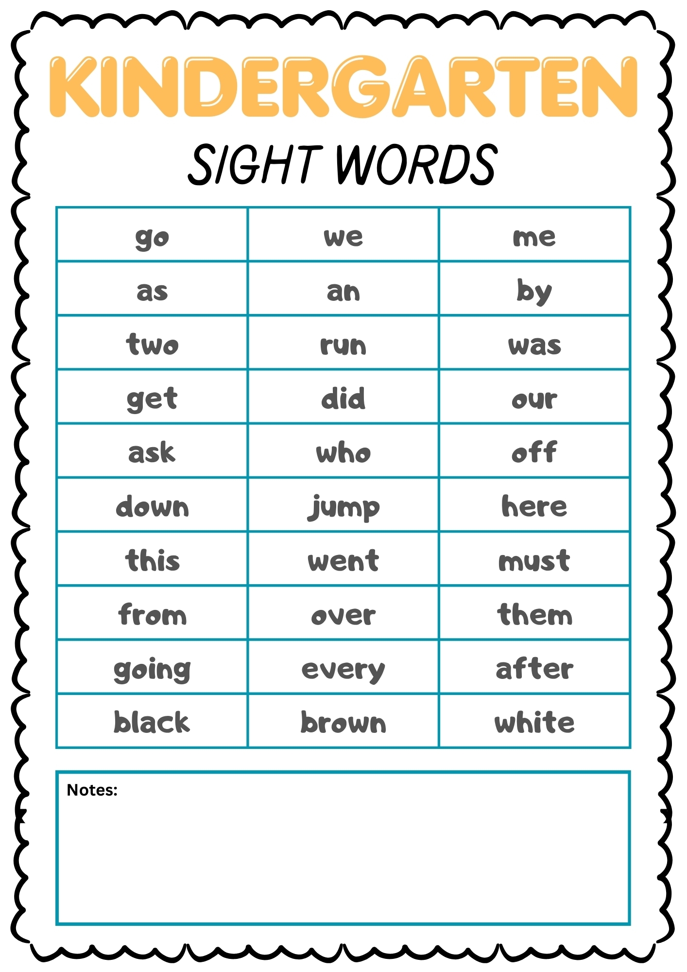 kindergarten sight words list printable