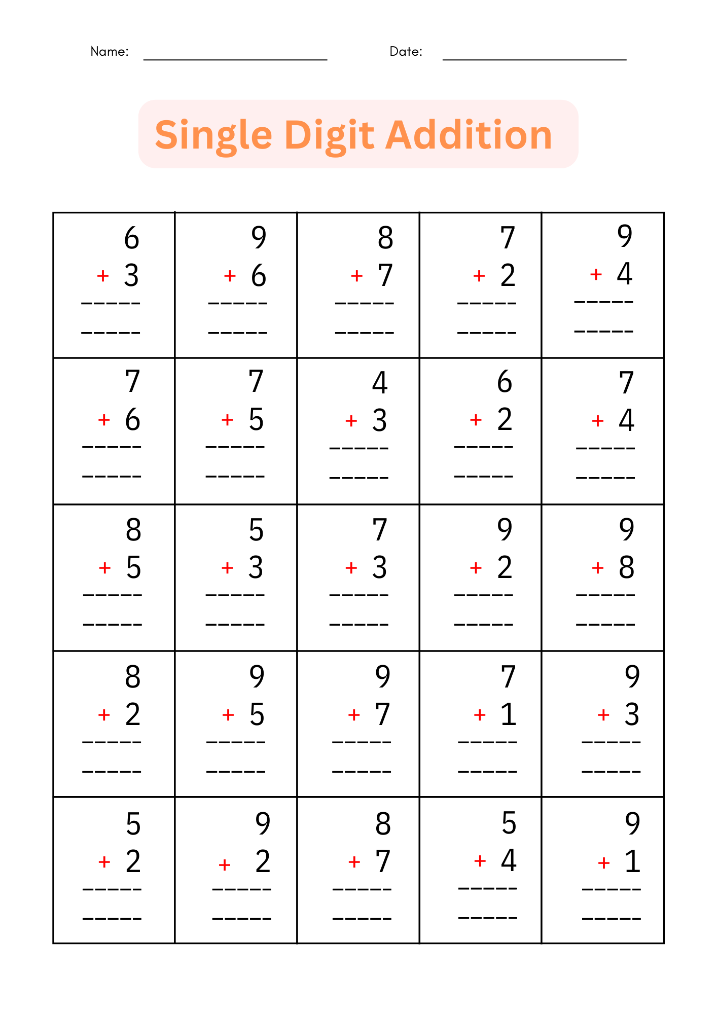 1 digit addition worksheets