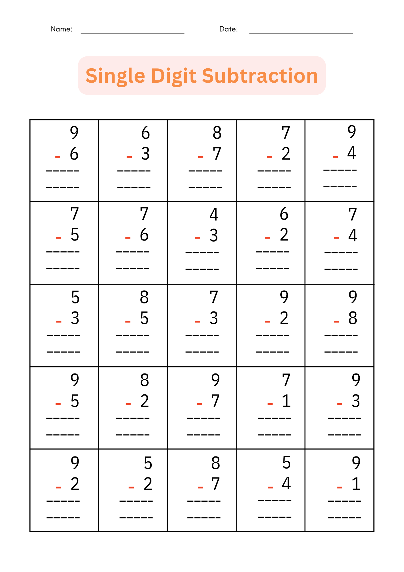 single digit subtraction