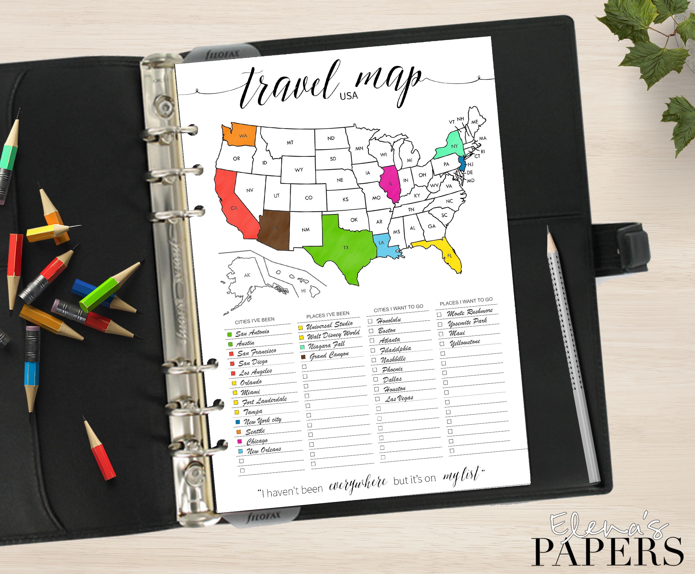 Printable TRAVEL USA MAP Insert For Your Pocket Personal A5 Letter Happy Planner trip To Go vacation tracker City America coloring Pdf Etsy