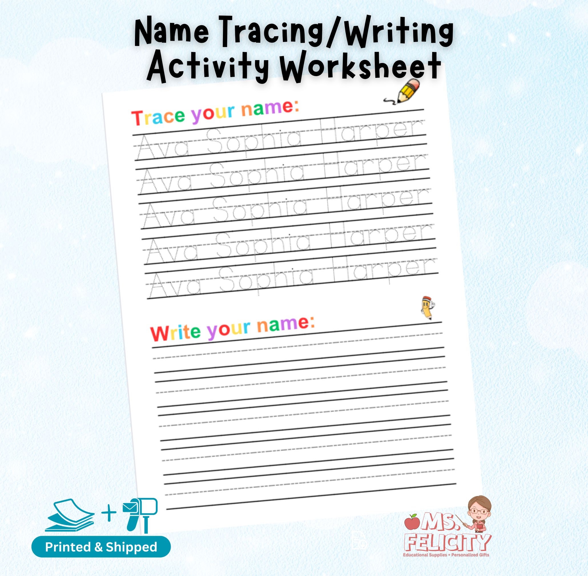Printed And Shipped Name Tracing Writing Worksheet Custom Preschool Homeschool Kindergarten Personalized Handwriting Dry Erase Practice Etsy