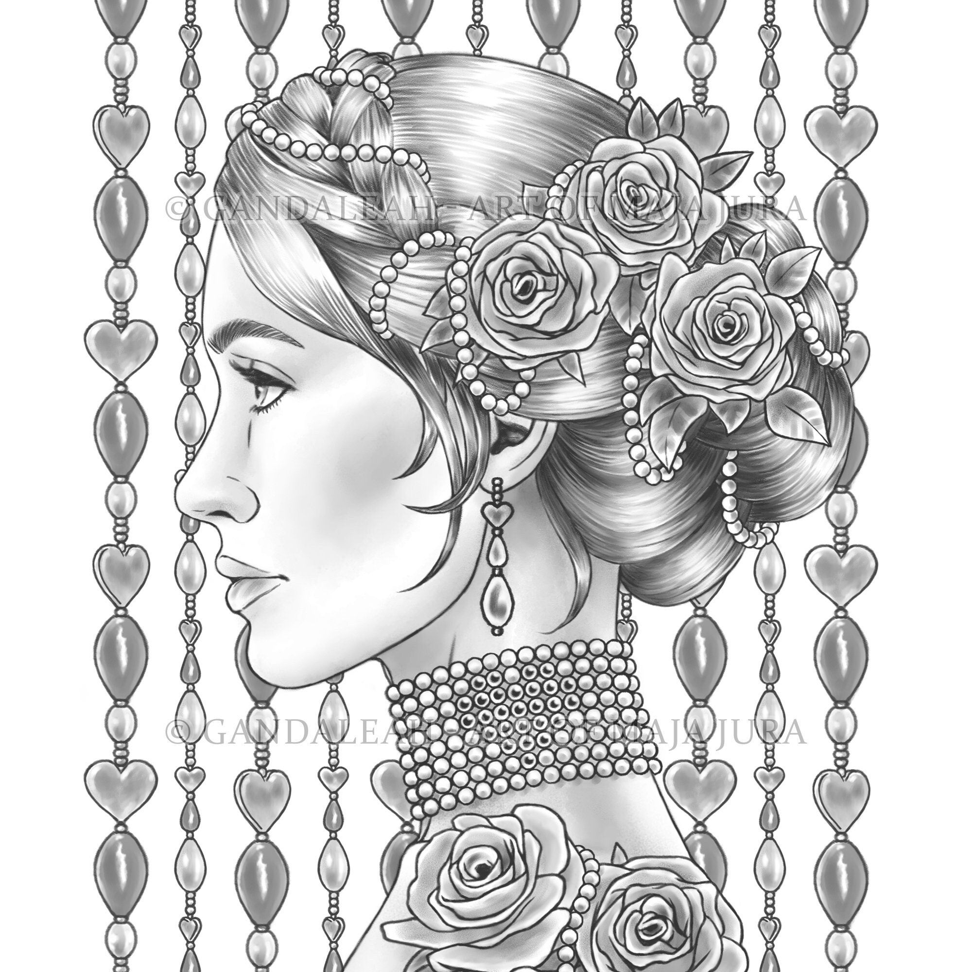 Queen Of Hearts Coloring Page For Adults Hand Drawn Printable Grayscale Illustration PDF JPG Etsy