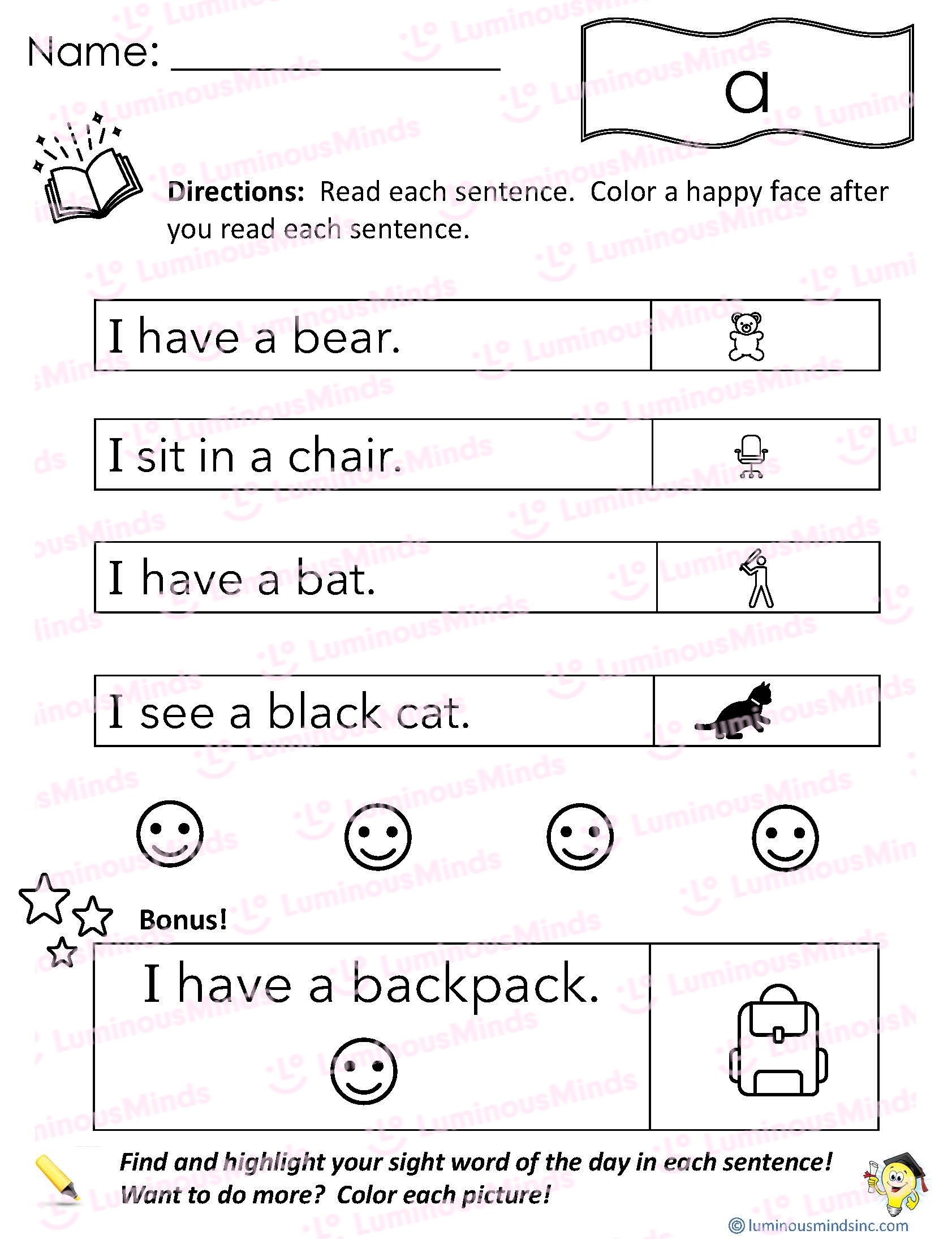 Reading Comprehension Worksheets Reading With Sight Word A