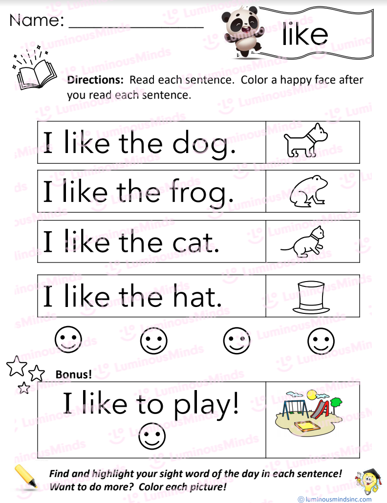 Reading Comprehension Worksheets Reading With Sight Word Like