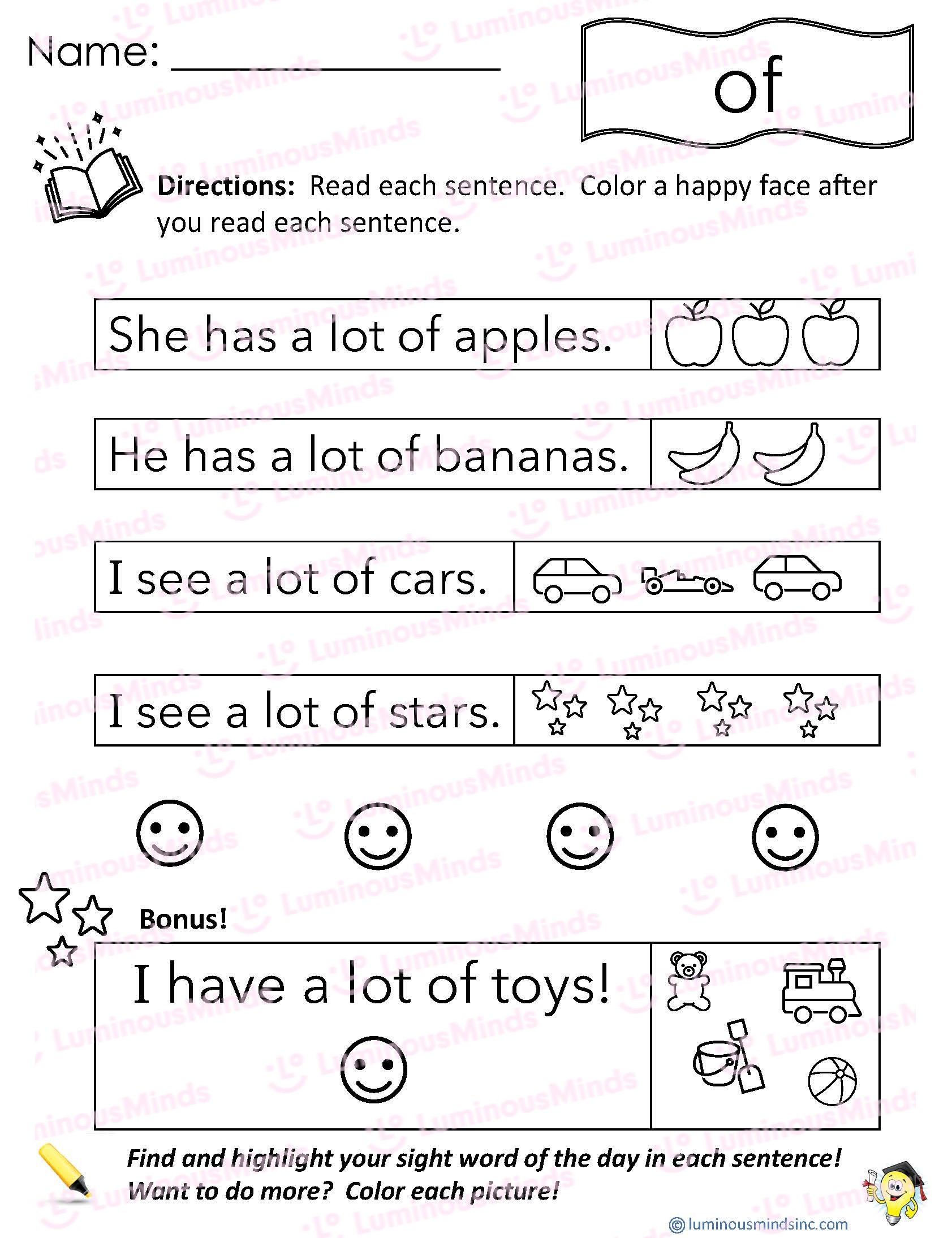 Reading Comprehension Worksheets Reading With Sight Word Of