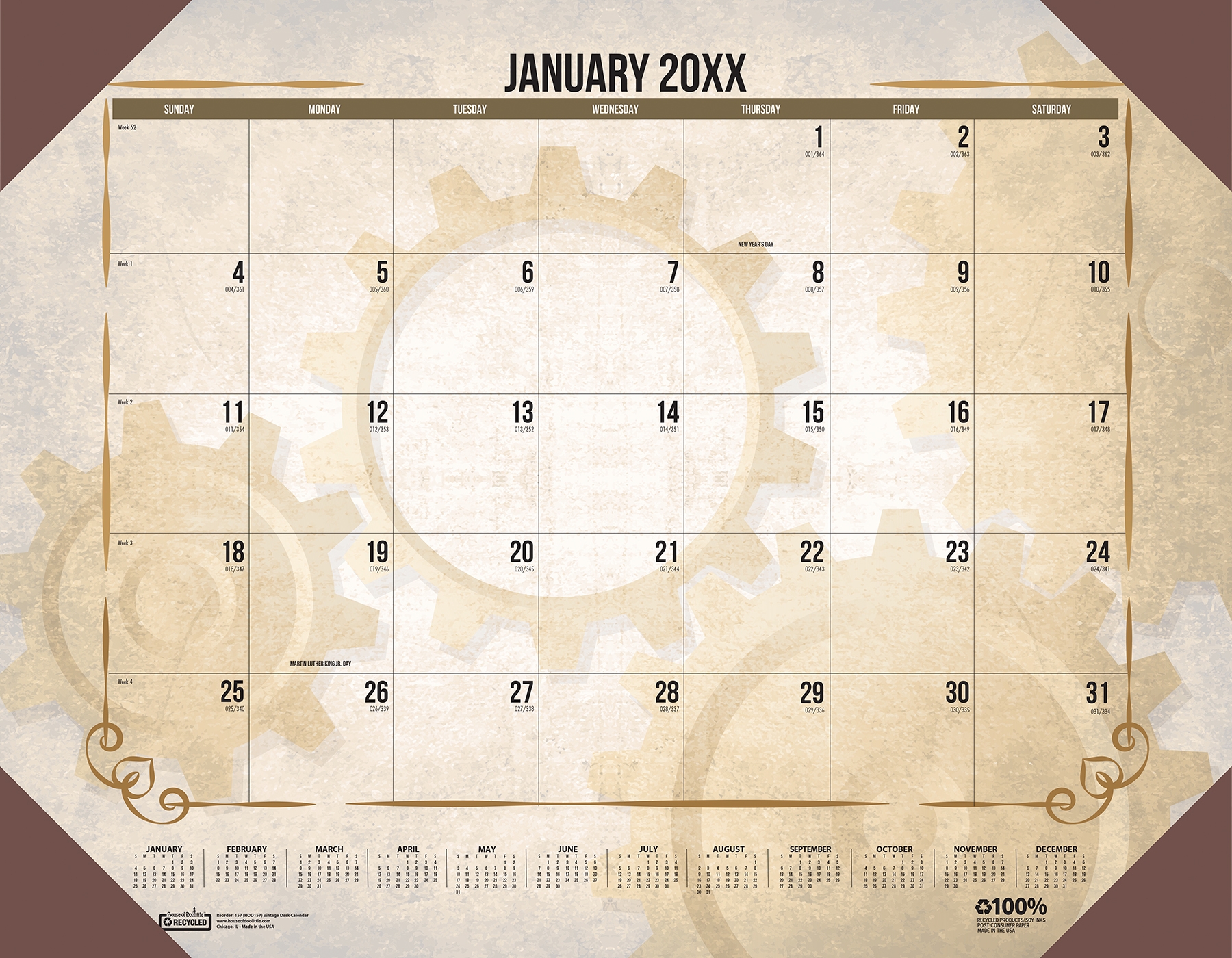 Recycled Monthly Desk Pad Calendar Vintage 22 X 17 Inches