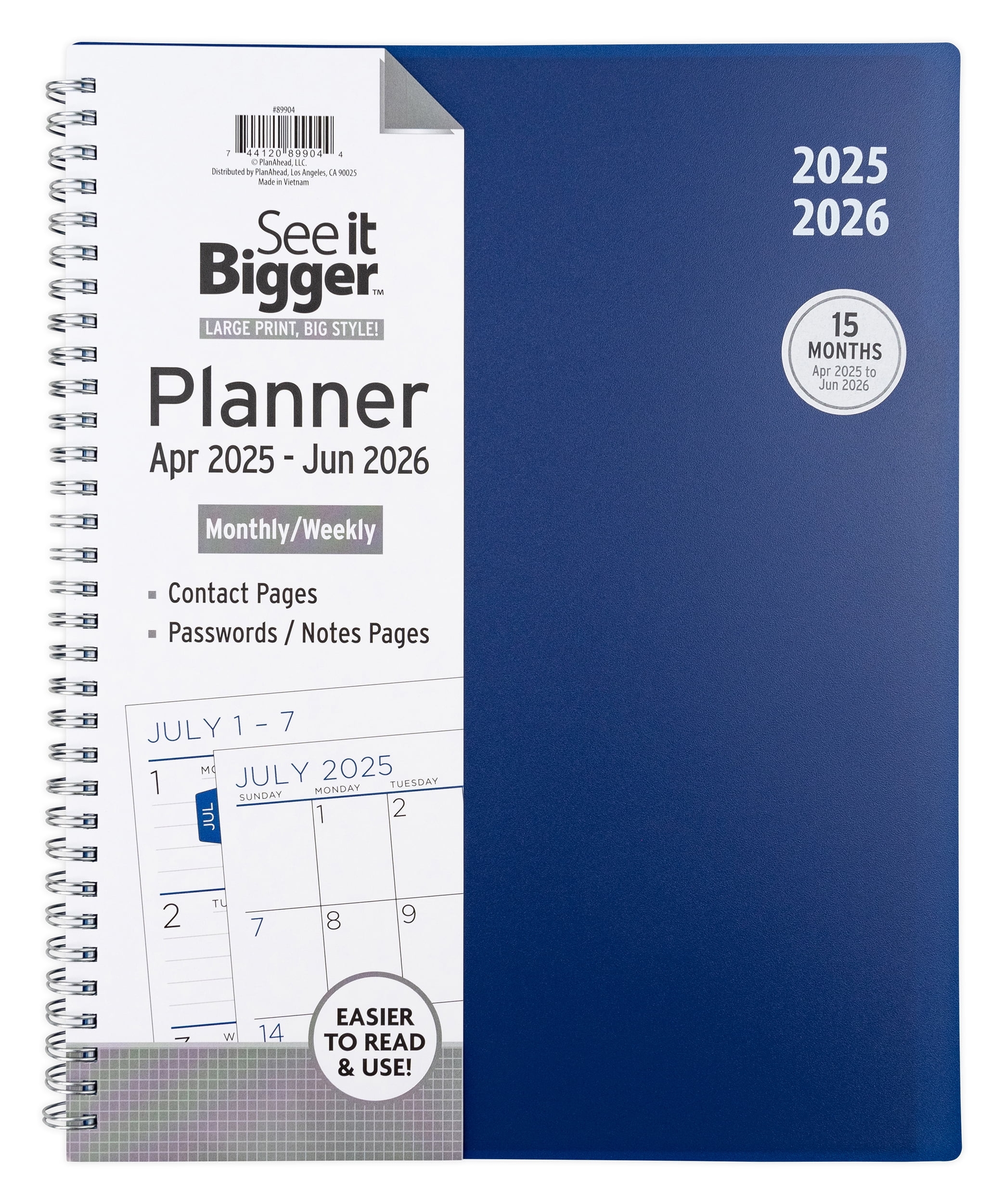 See It Bigger Monthly Weekly Planner Large 9 25 X 11 Blue Solid 15 Month Apr 2025 Jun 2026 Walmart