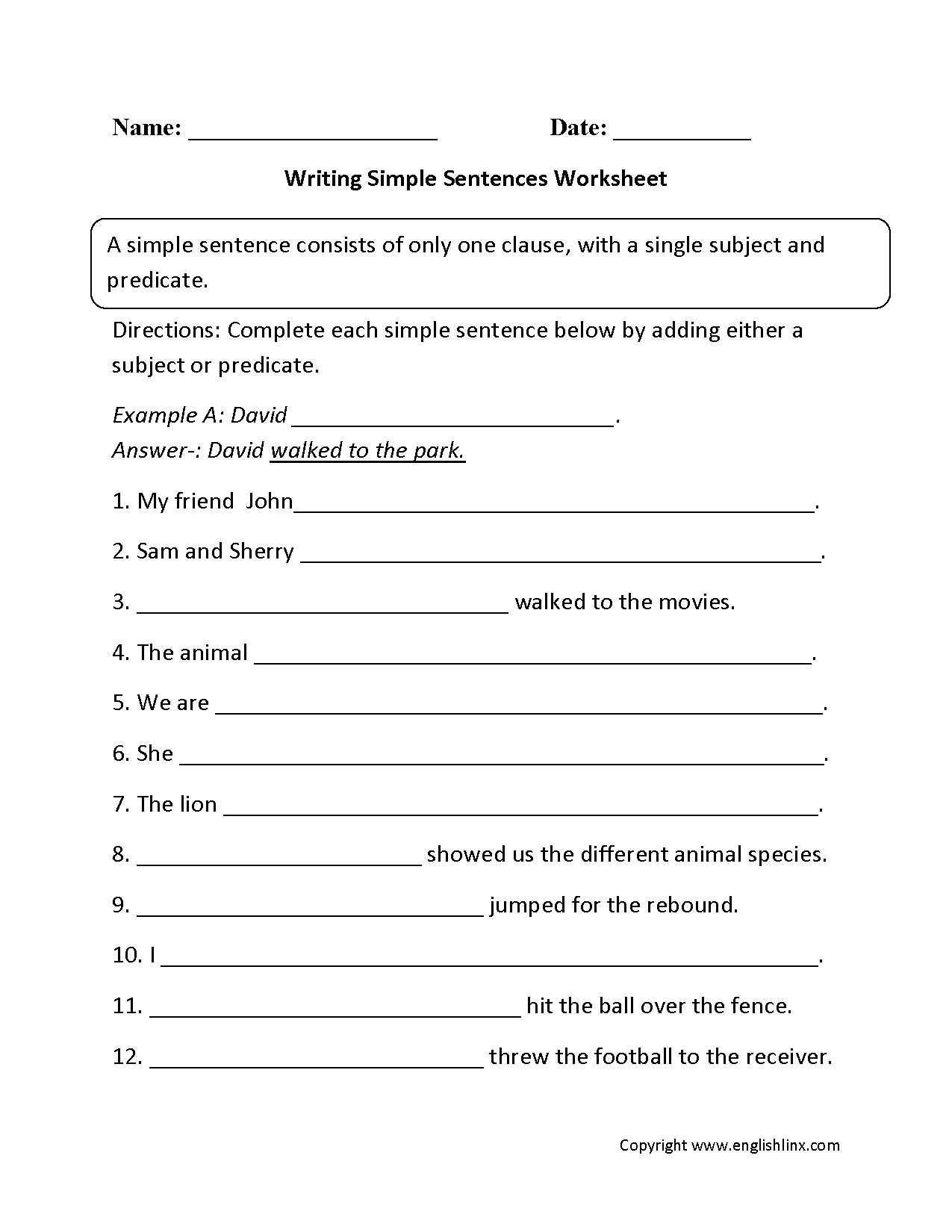 sentence basics worksheets