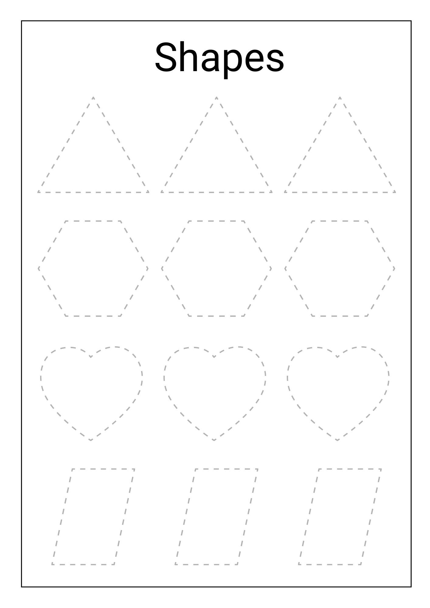 Shapes Tracing Worksheet Preschool Kindergarten Printable digital Download Etsy