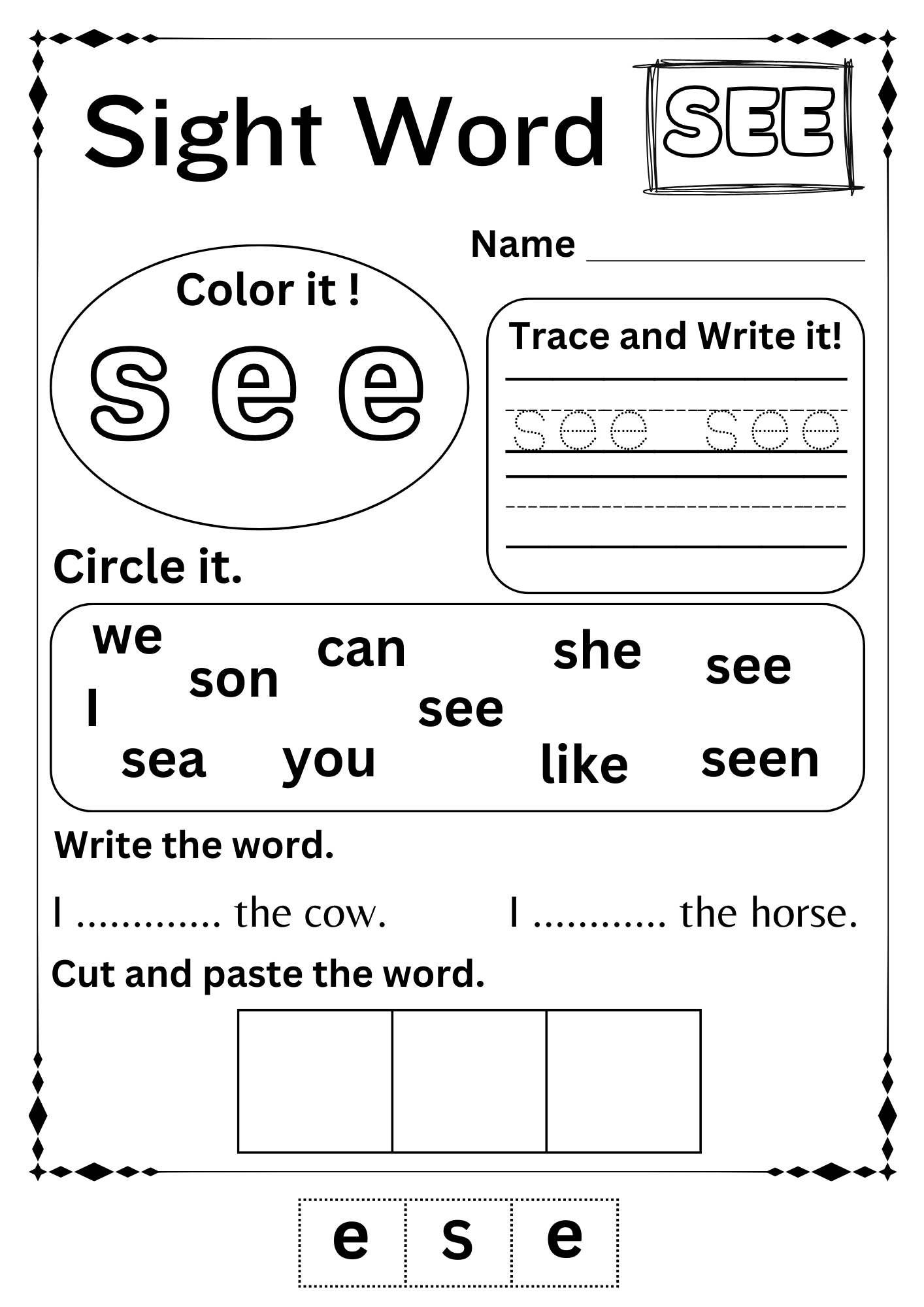 sight word practice kindergarten