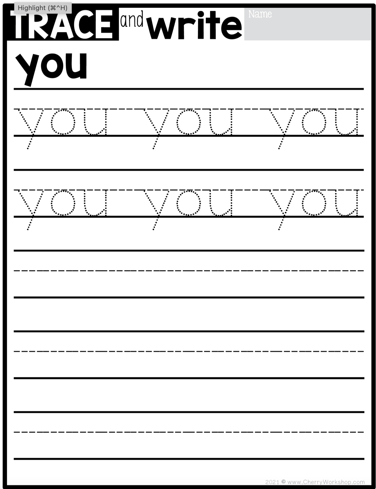 sight word tracing