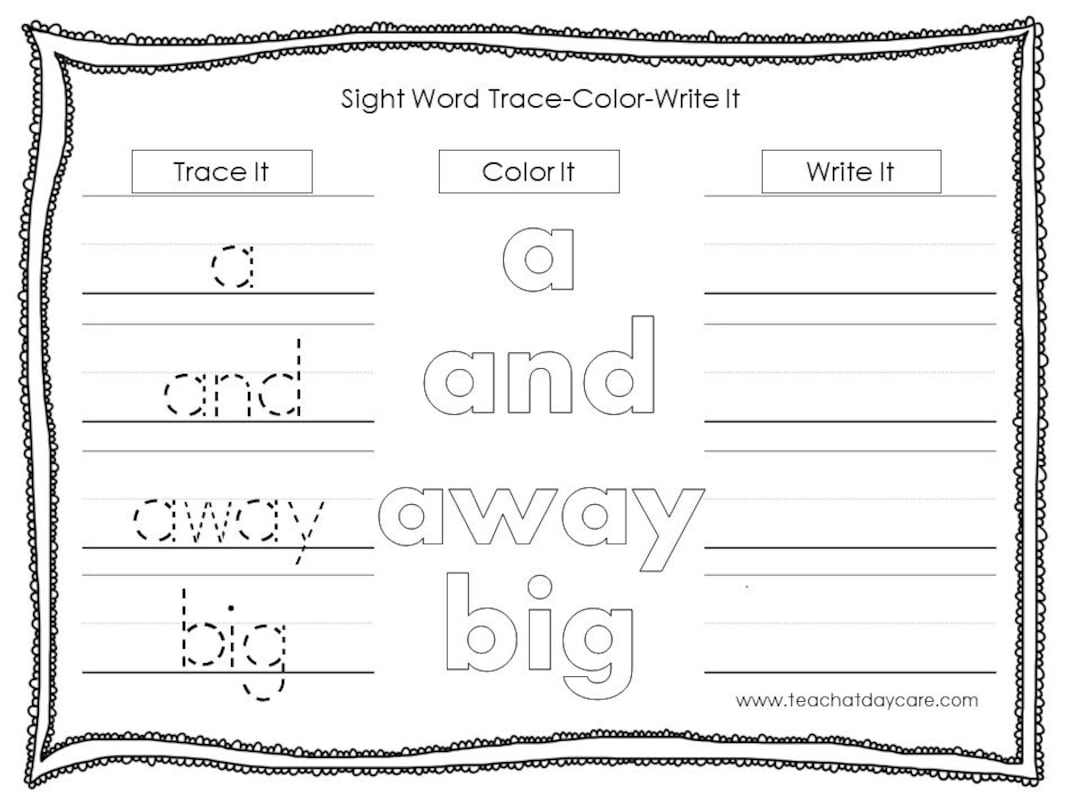 Sight Words Worksheet Trace Color Write Pre k Activity printable Etsy Finland