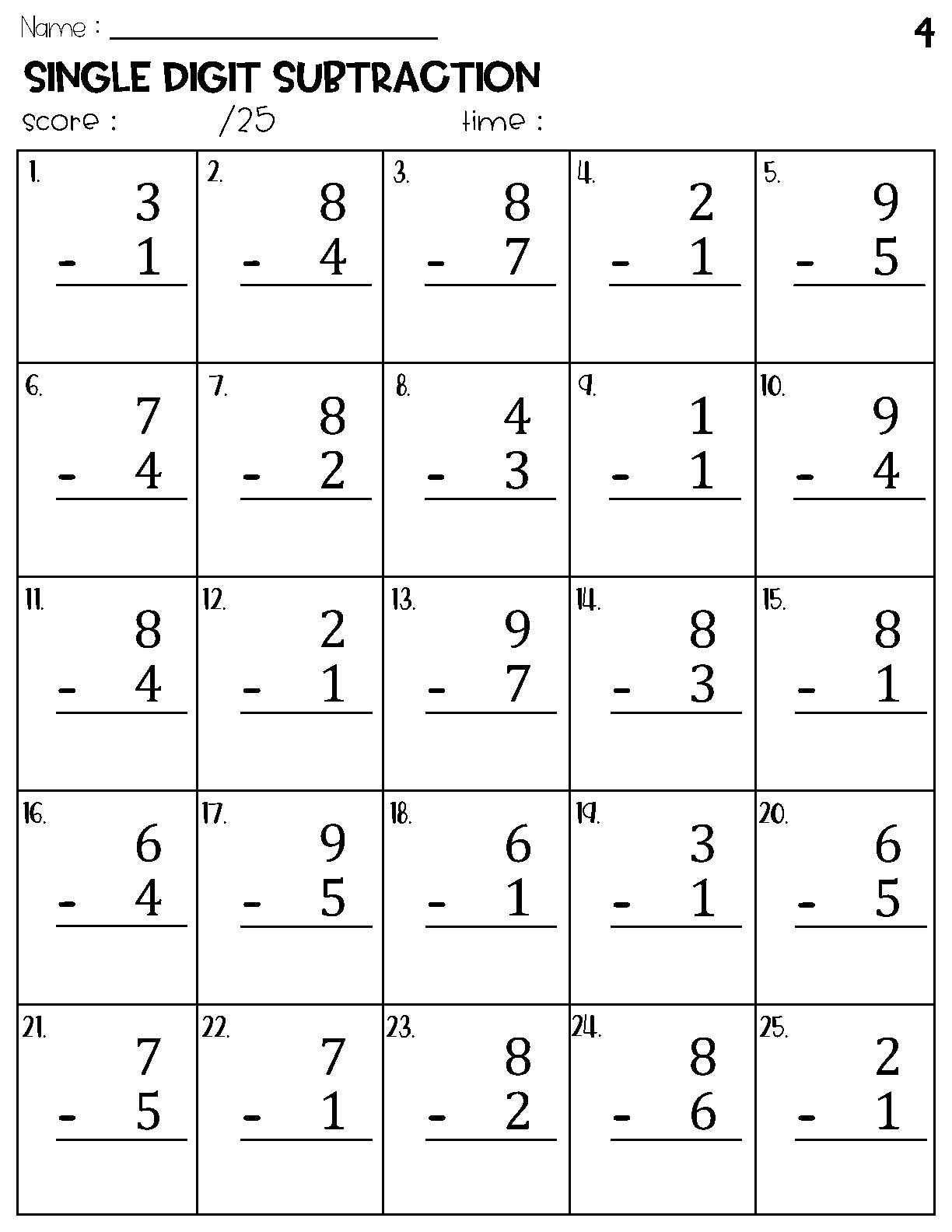 Single Digit Subtraction Worksheets Etsy Denmark