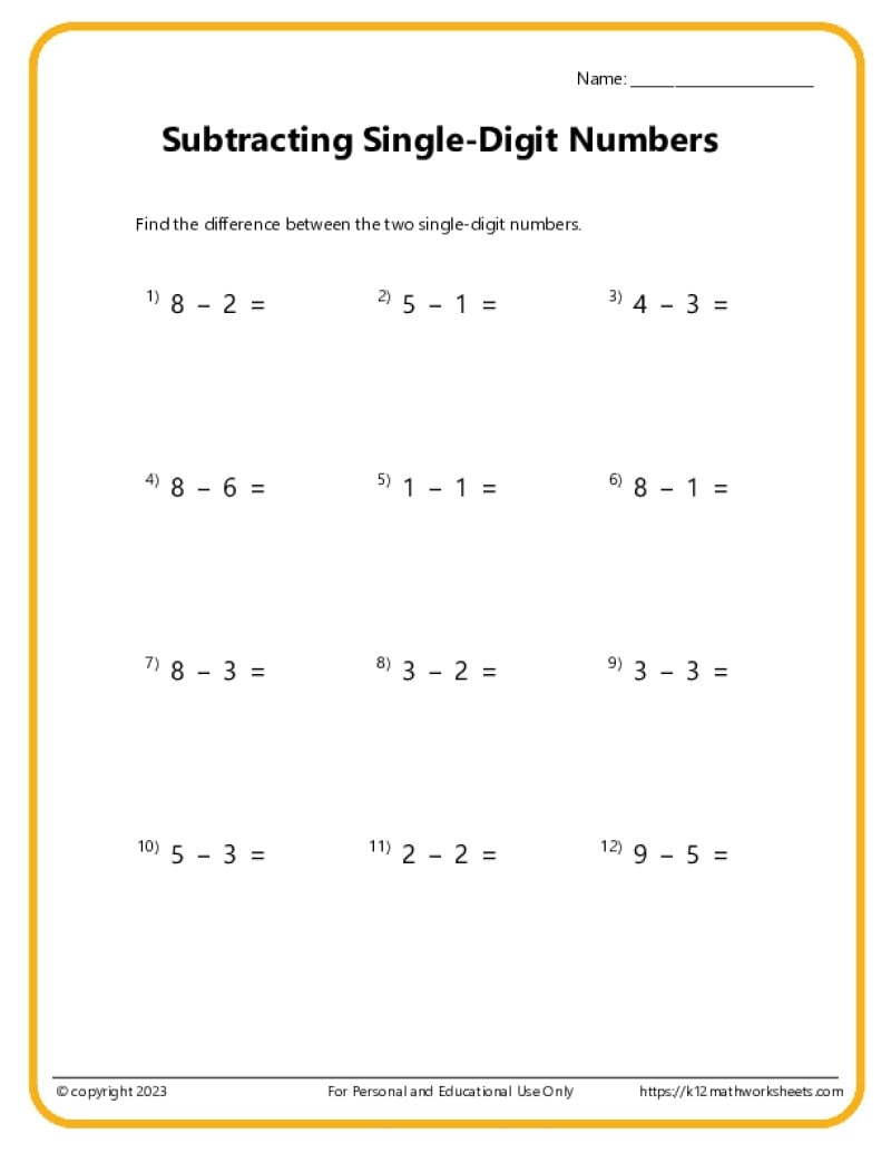 subtraction worksheets single digit