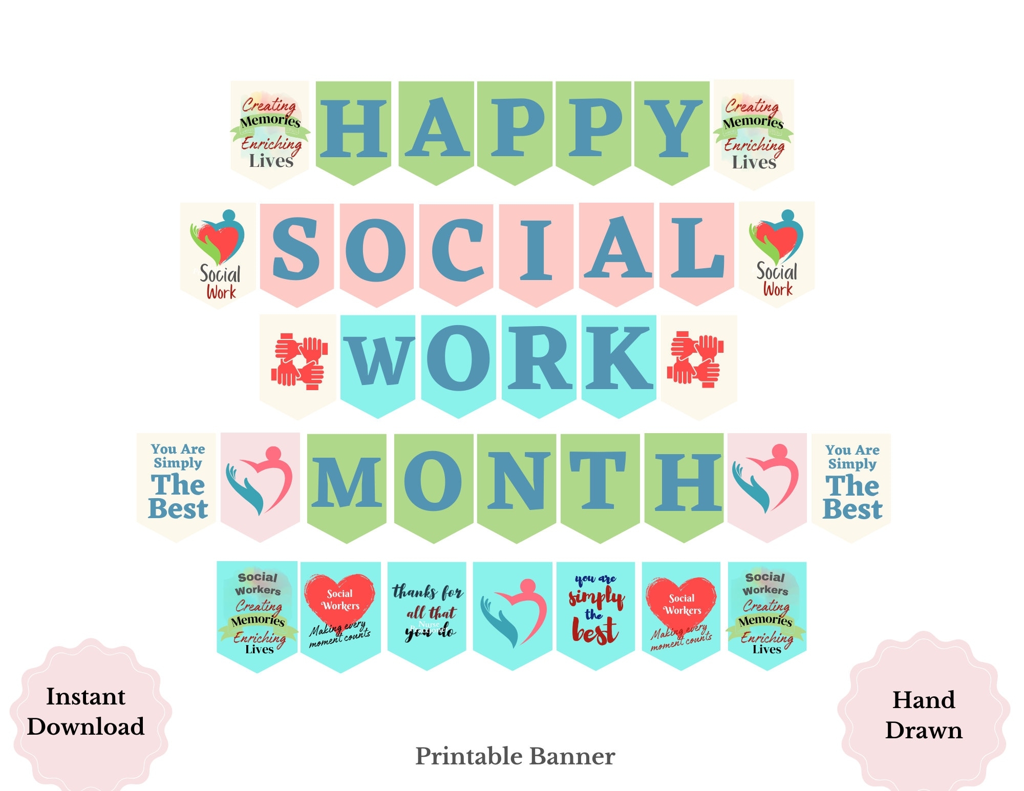 Social Work Month Printable Banner Hand drawn Happy Social Work Month Appreciation Sign Social Worker Month Social Worker Gift Etsy